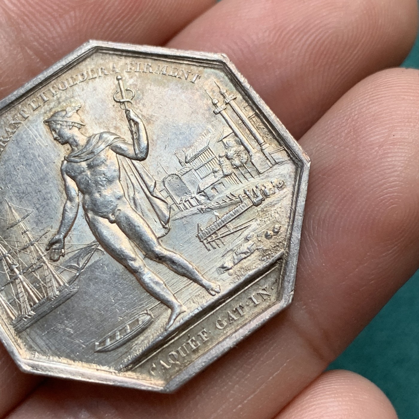 《竞宝斋》八角代币+章牌专场！第182场-周日，周一，周二 3场 (全场包邮) 法国八角银章，波尔多商会，12.53g，30.5mm，蜜蜂边铭，金黄包浆，细节丰富