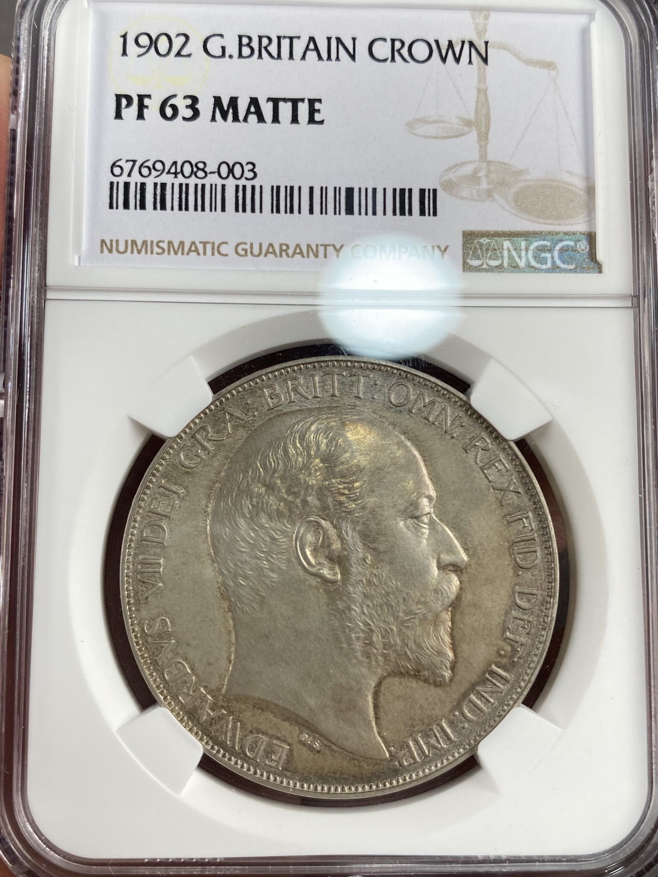 万国钱币拍卖第012期（视频直播专场） NGC PF63 1902年英国爱德华七世精制马剑克朗，发行量15000枚，磨砂精制，原味带彩非常难得。