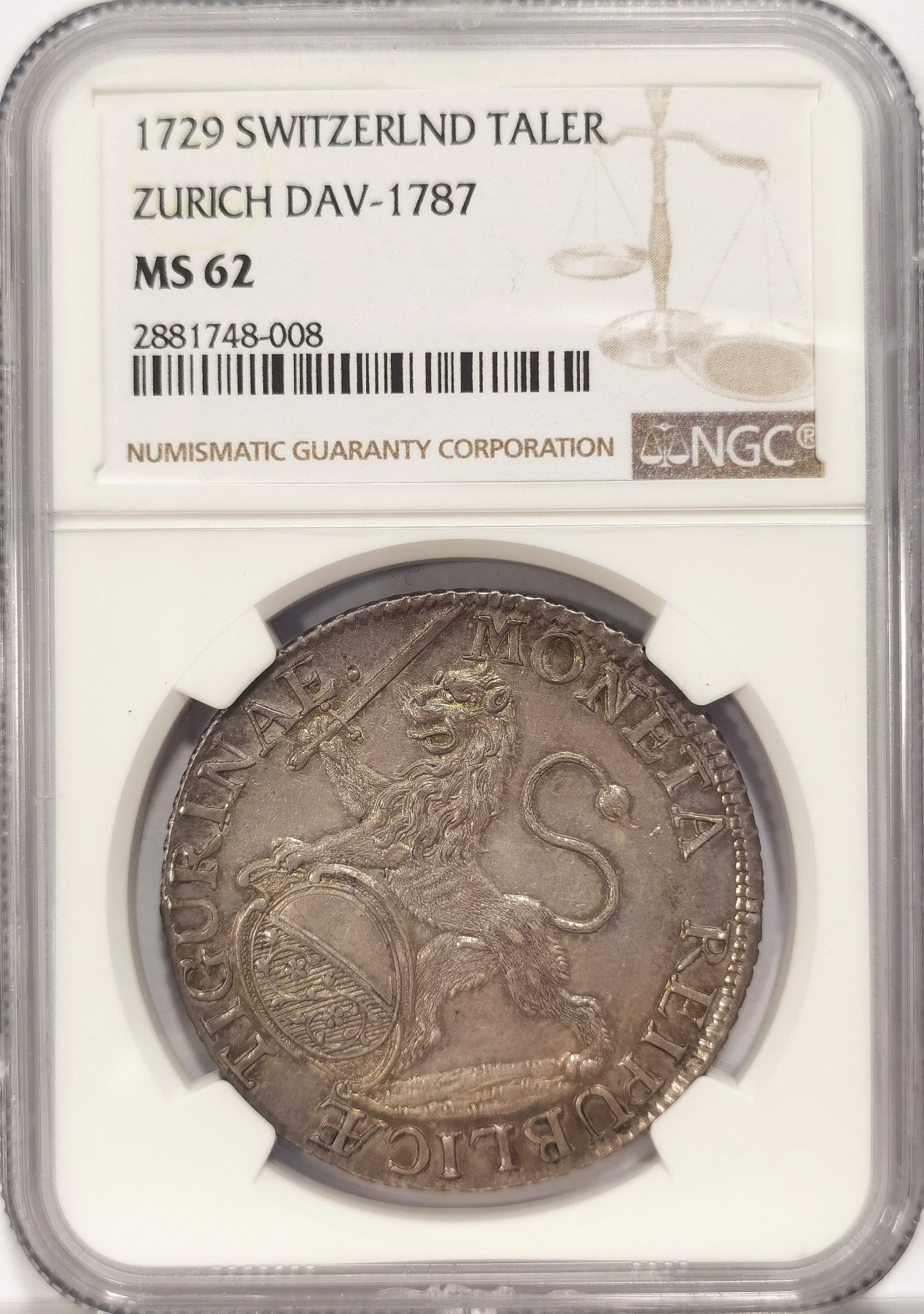 博洋堂世界钱币拍卖第034期（全场包邮） NGC MS62 苏黎世1729年城市景观泰勒 经典品种 热门题材