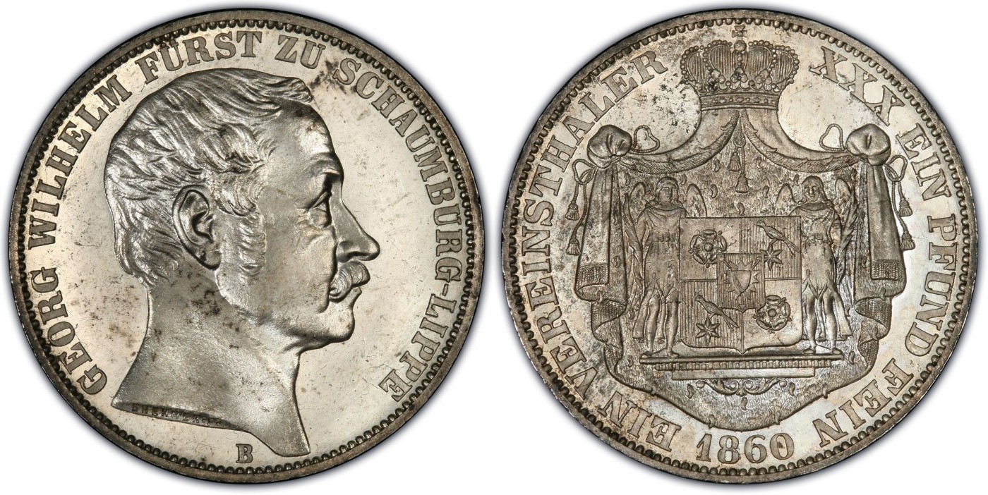 万国钱币拍卖第012期（视频直播专场） PCGS PR64CAM 1860德国绍姆堡利普精制天使泰勒，连同普制的发行量只有8000多枚，精制可以说是凤毛麟角，比1865天使泰勒精制少见很多，镜面凝霜感强烈，一眼区分，pc唯一冠军分，下面只有一枚62，难得老盒配置高清大图。