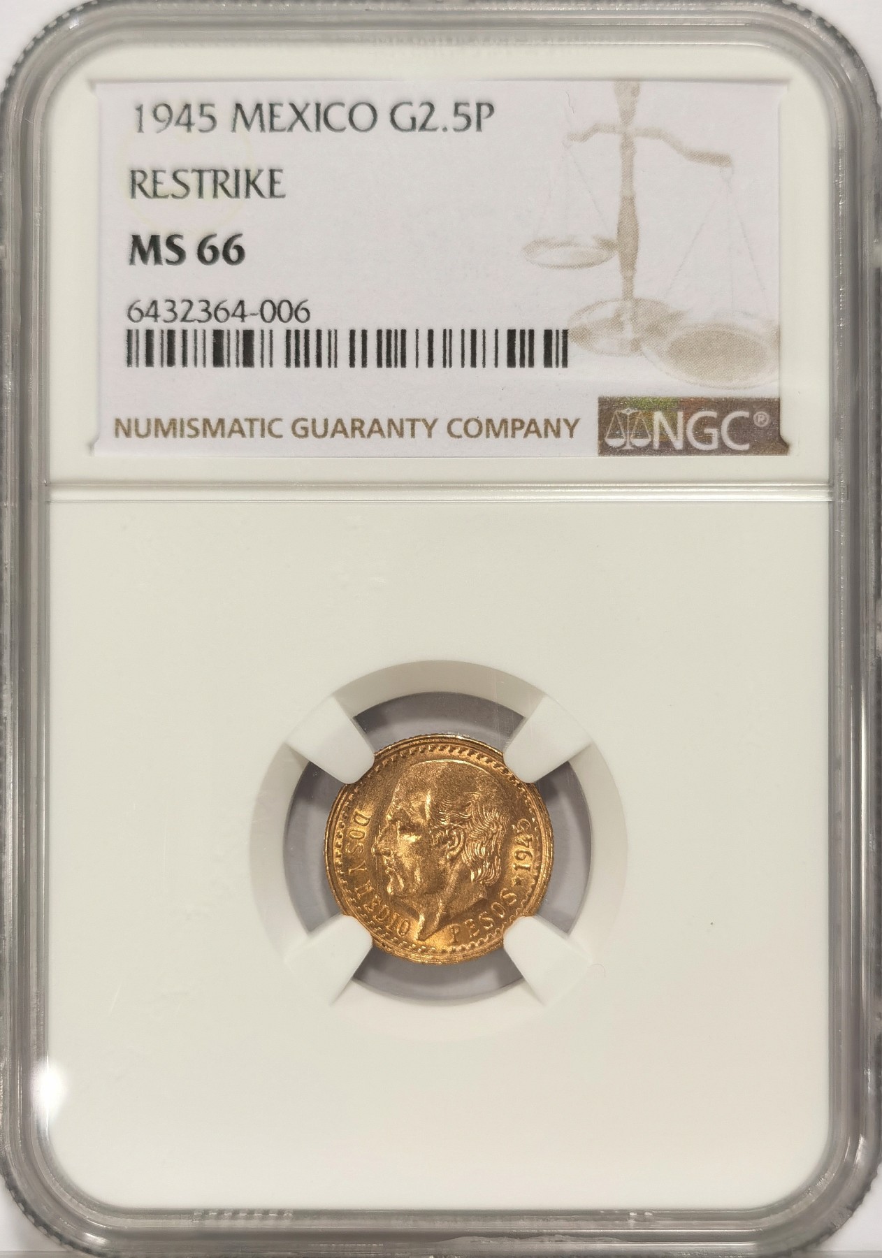 博洋堂世界钱币拍卖第034期（全场包邮） NGC MS66 1945年墨西哥2.5比索金币（2.1克900金）