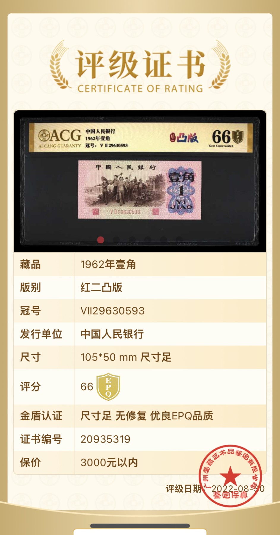 北极狼藏苑社一一（人民币、港币放漏福利专场） 1275-第三套人民币 ·红粉佳人·红二凸··ACG评级金盾66EPQ