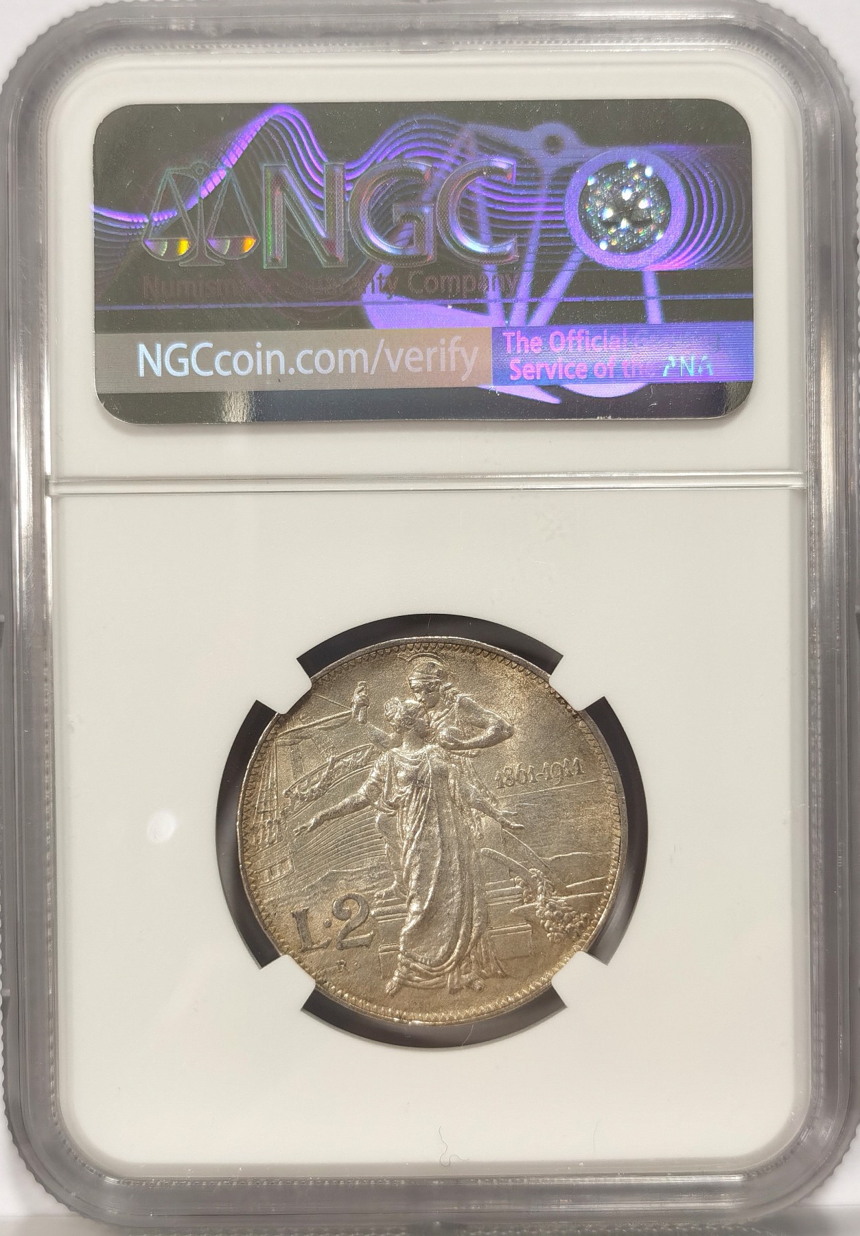 博洋堂世界钱币拍卖第034期（全场包邮） NGC MS62 1911年意大利建国50周年托奶2里拉银币，最美的意大利银币，耐看宜藏品种
