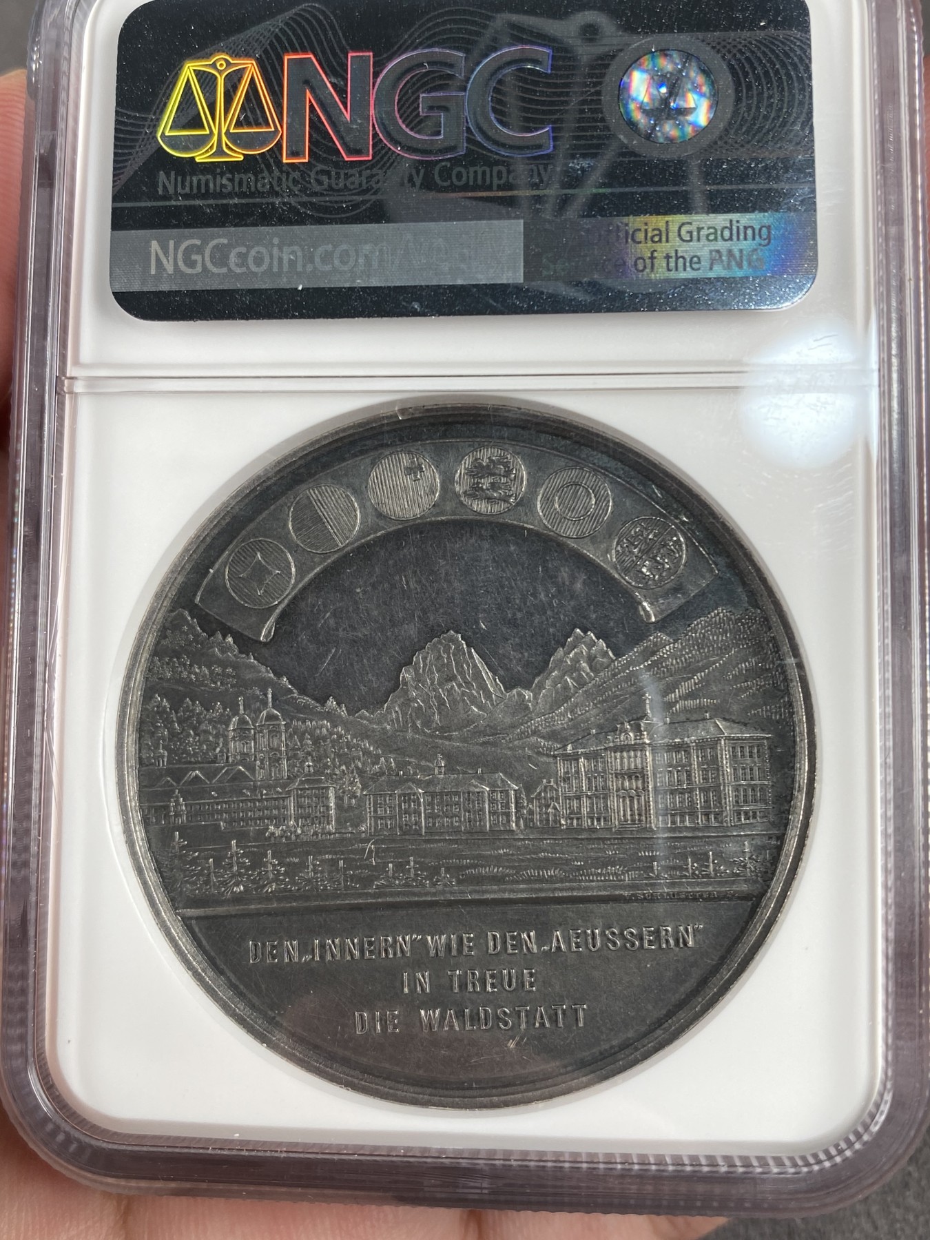 万国钱币拍卖第012期（视频直播专场） NGC MS61 1889年瑞士艾因西德伦大银章，咖啡色包浆，镜面工艺，稀少品种。