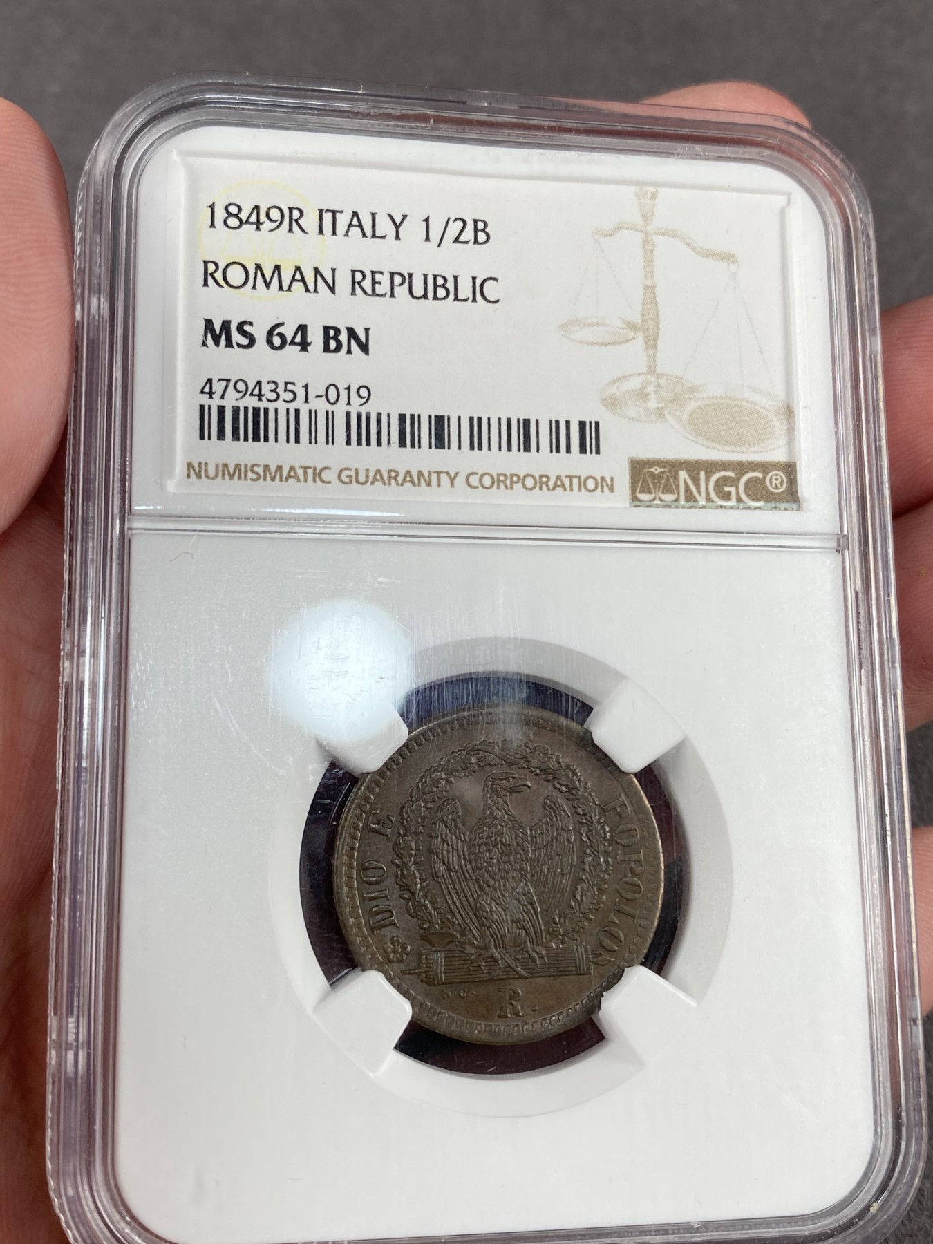 万国钱币拍卖第012期（视频直播专场） NGC MS64 意大利罗马共和国1849年1/2贝阿科铜币，单年版，只存在一年的国家。