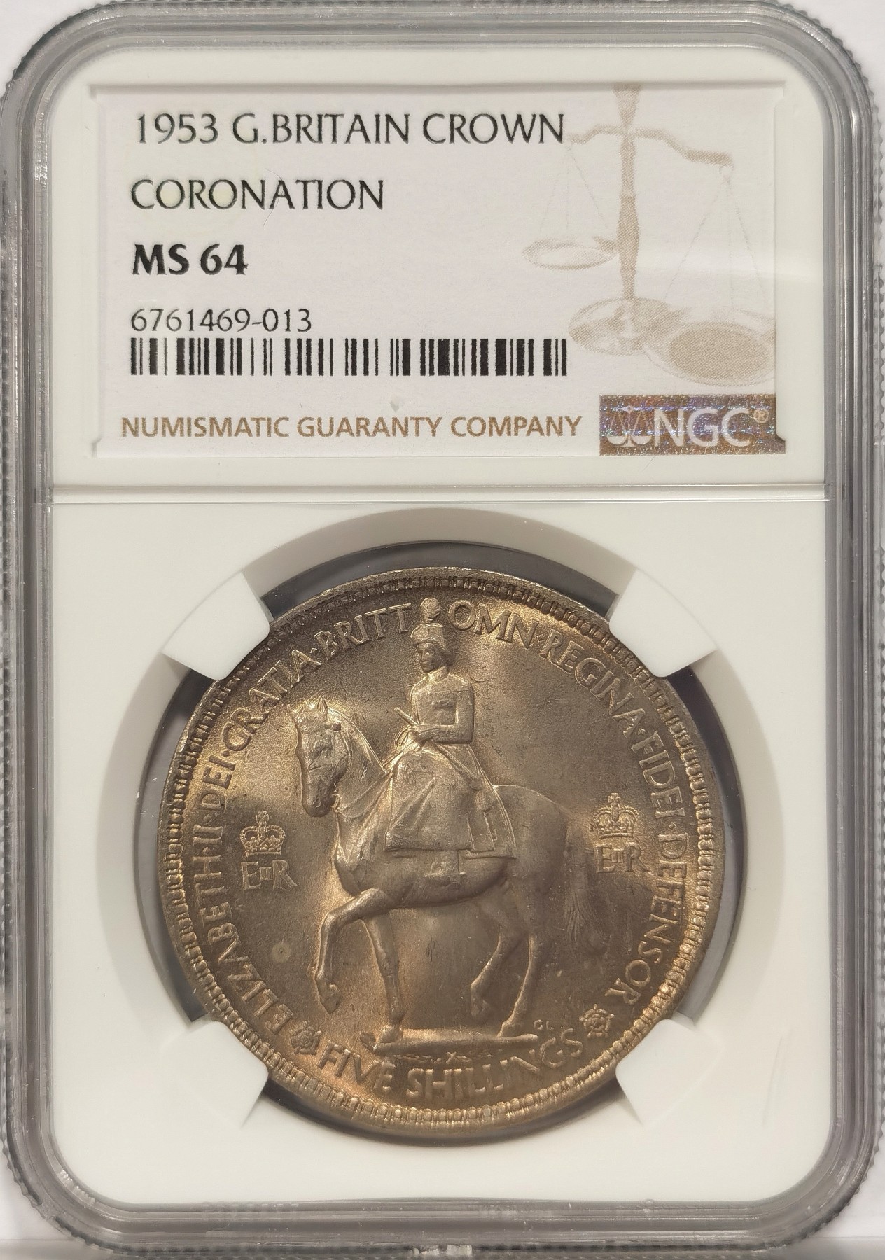 博洋堂世界钱币拍卖第034期（全场包邮） NGC MS64 英国1953年伊丽莎白二世女王加冕登基纪念克朗，转光强烈，打制深峻，女王英姿飒爽