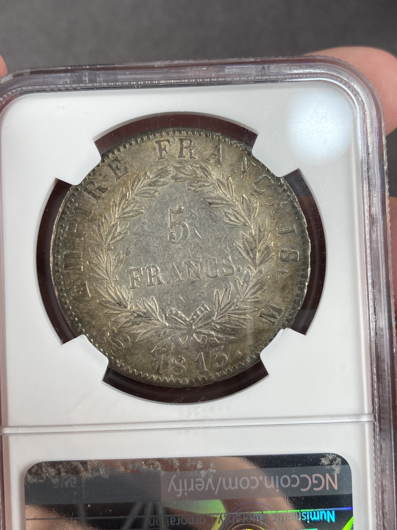 万国钱币拍卖第012期（视频直播专场） NGC AU55 法国1813M拿破仑一世5法郎银币，环彩原味。