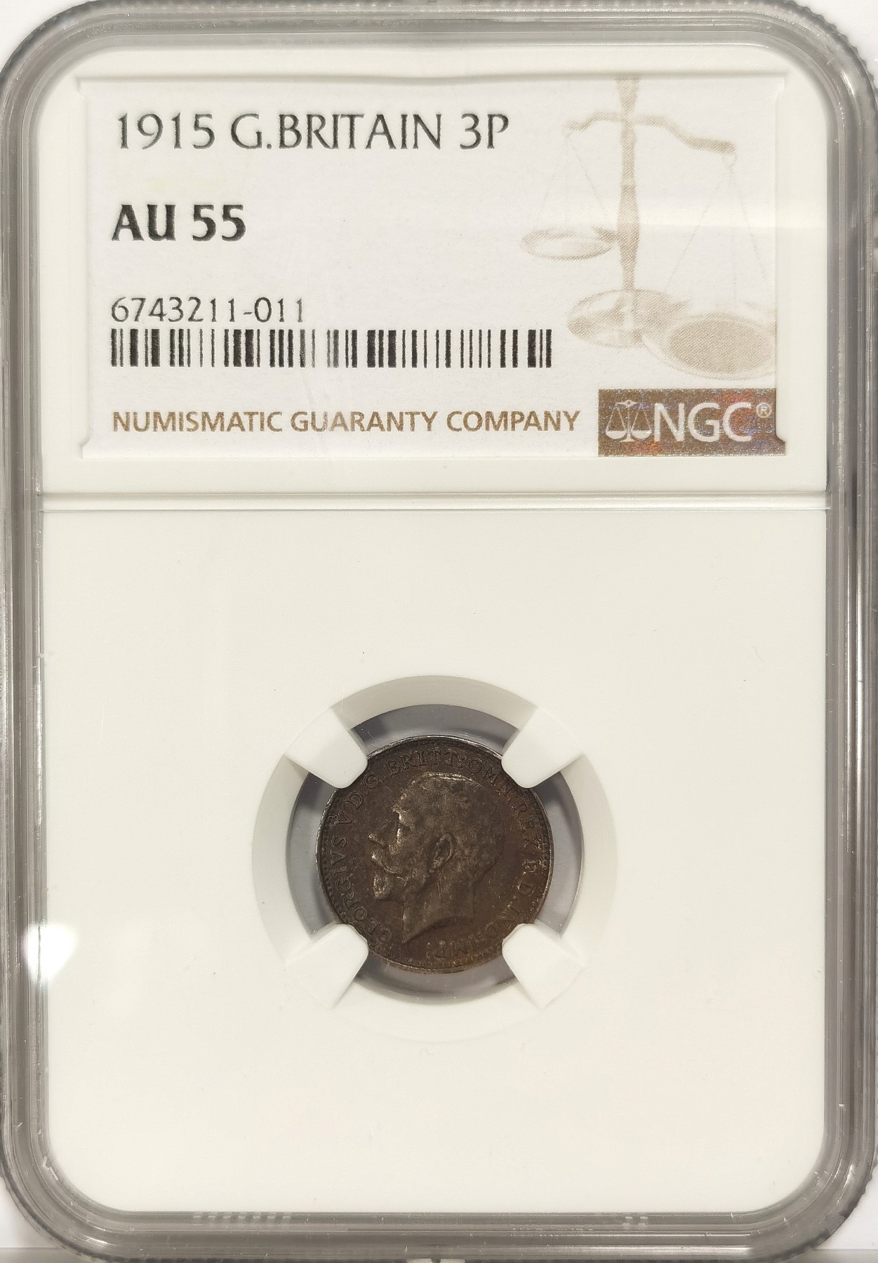 博洋堂世界钱币拍卖第034期（全场包邮） NGC AU55 酱彩原光1915年英国乔五3便士银币
