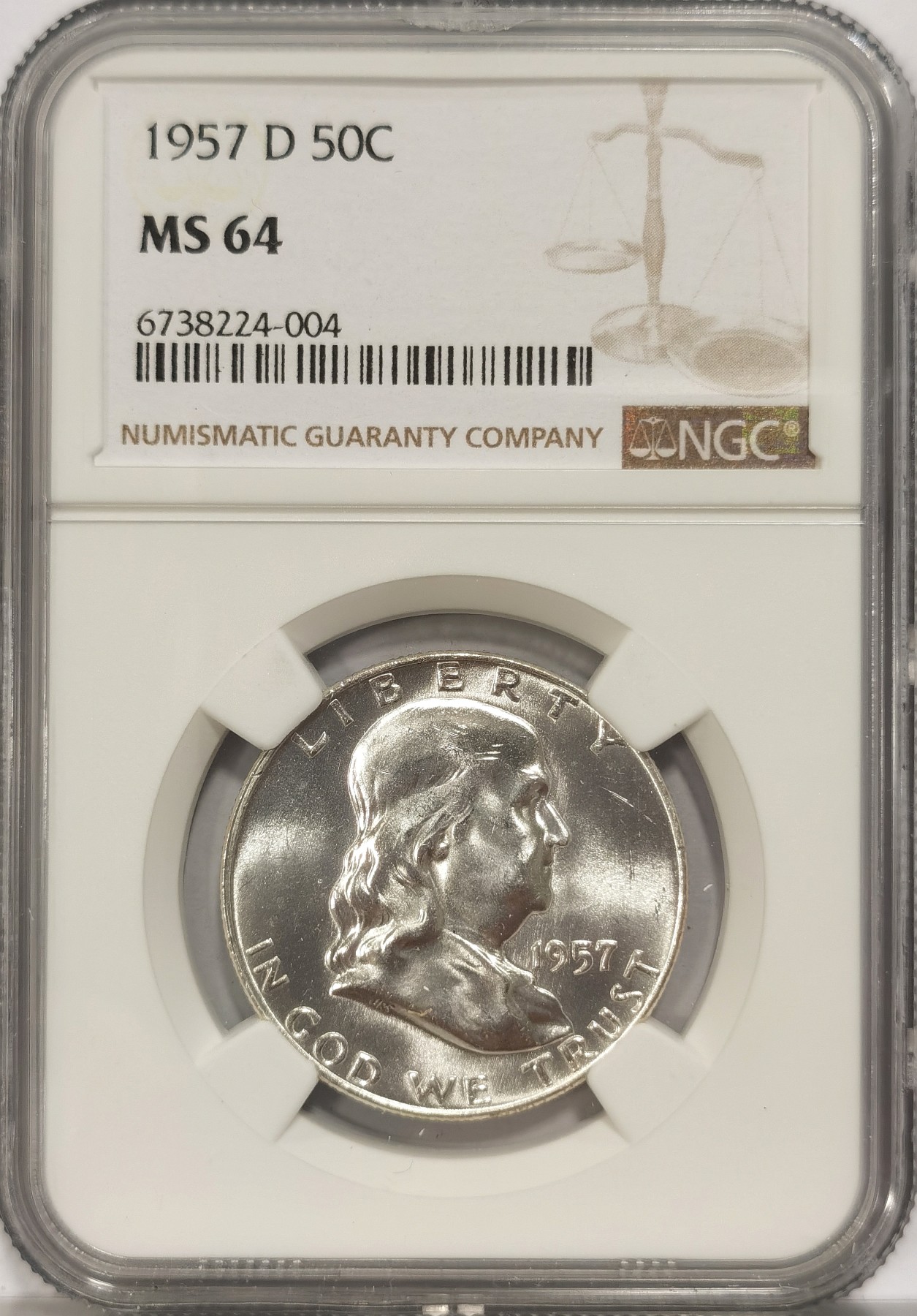 博洋堂世界钱币拍卖第034期（全场包邮） NGC MS64 美国富兰克林1957年D版 半美元50美分银币 满银光好品