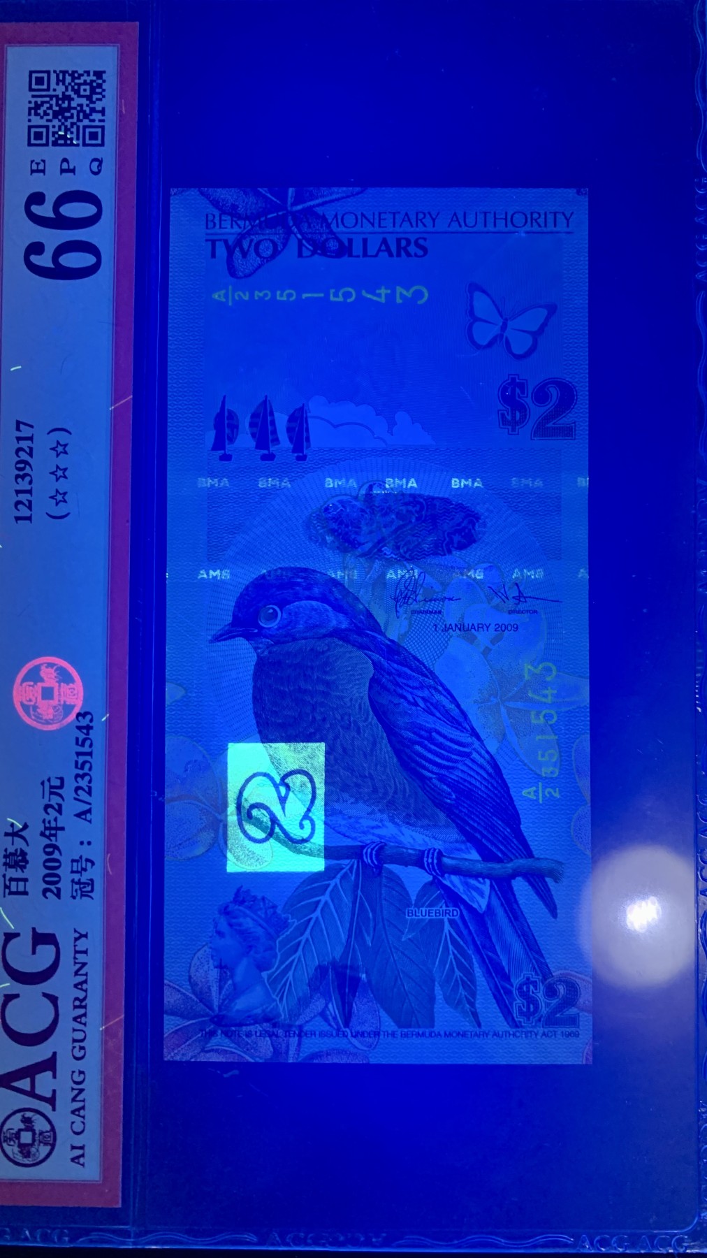 北极狼藏苑社一一（人民币、港币放漏福利专场） 0864-卐百慕大2元蓝鸟钞纸币· 2009年获奖币·ACG66EPQ