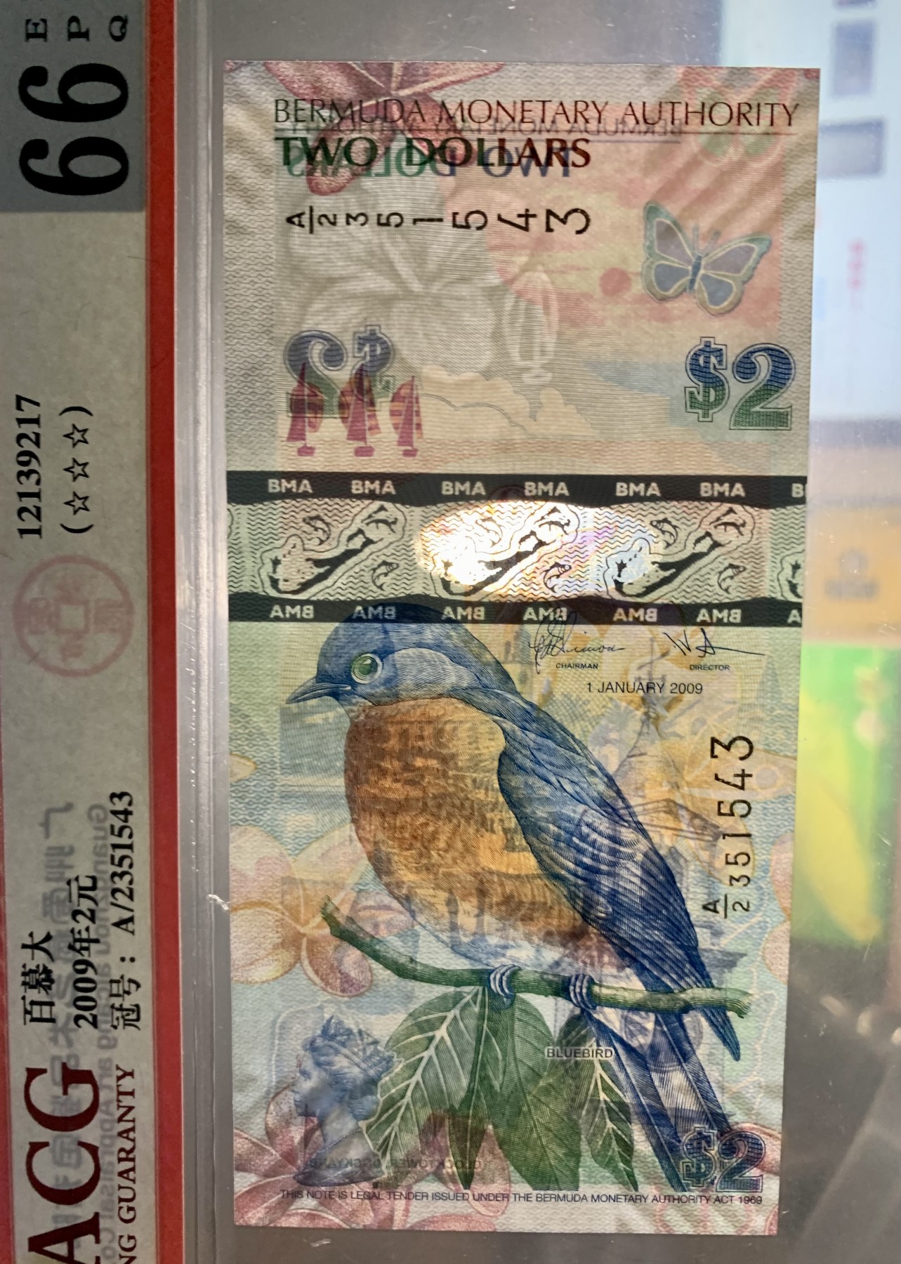 北极狼藏苑社一一（人民币、港币放漏福利专场） 0864-卐百慕大2元蓝鸟钞纸币· 2009年获奖币·ACG66EPQ