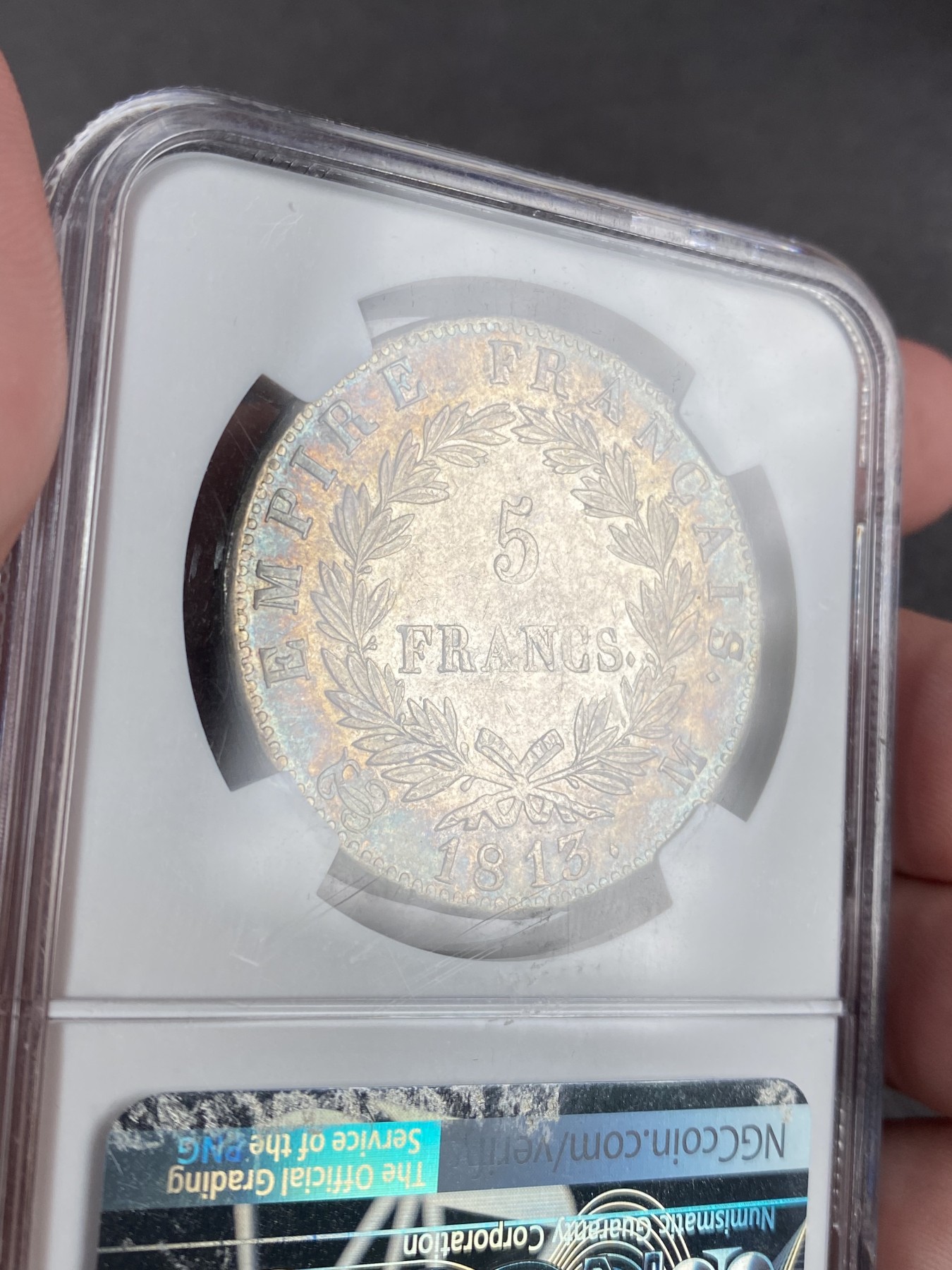 万国钱币拍卖第012期（视频直播专场） NGC AU55 法国1813M拿破仑一世5法郎银币，环彩原味。