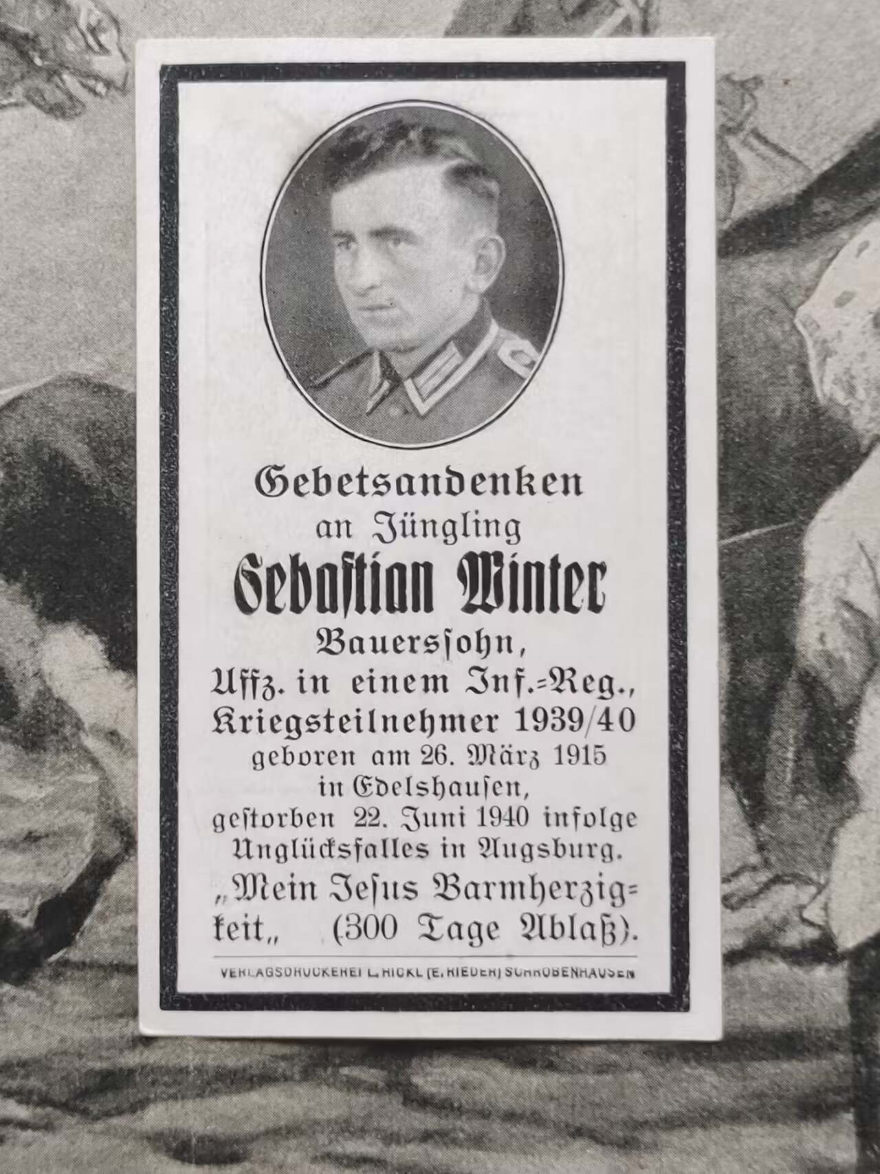 老威廉第三次麦稀奇拍卖 德三阵亡纪念卡 步兵下士塞巴斯蒂安·温特尔 (Sebastian Winter) 1915年3月26日出生于埃德尔斯豪森， 1940年6月22日阵亡于奥格斯堡