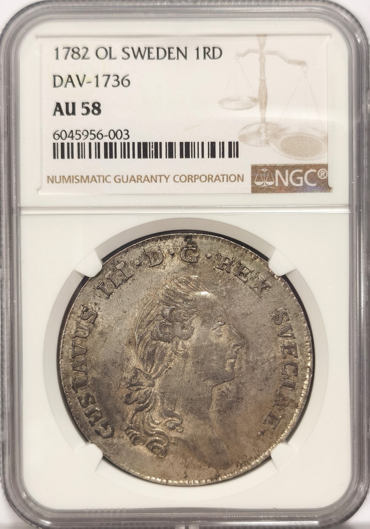 博洋堂世界钱币拍卖第034期（全场包邮） NGC AU58 瑞典1782年古斯塔夫三世1Riksdaler银币