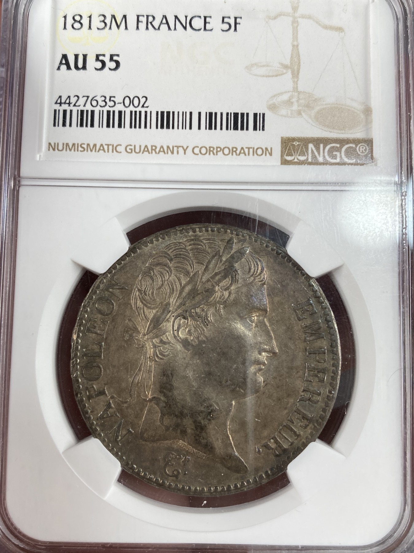 万国钱币拍卖第012期（视频直播专场） NGC AU55 法国1813M拿破仑一世5法郎银币，环彩原味。