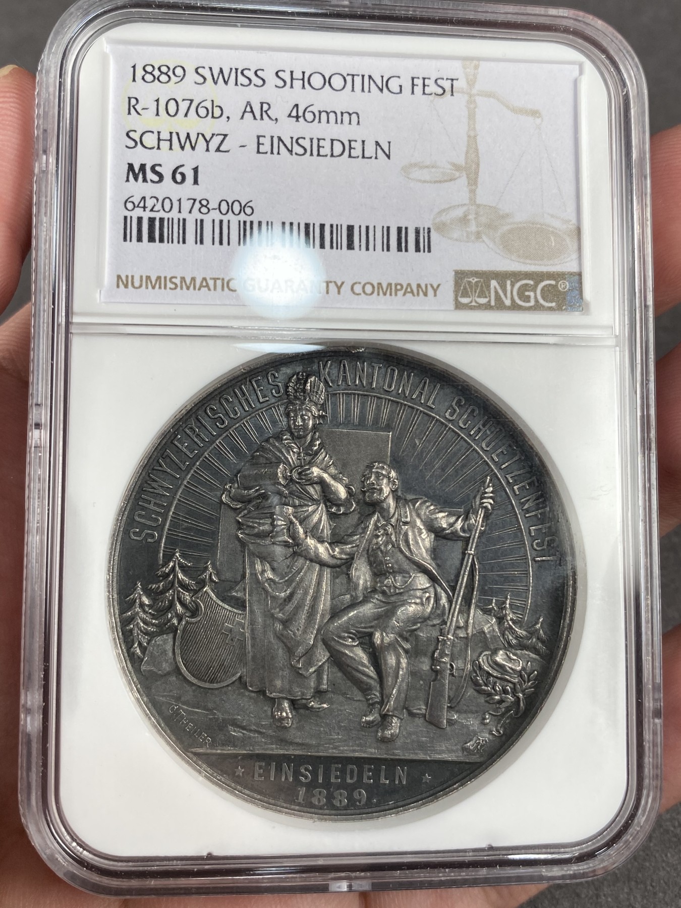 万国钱币拍卖第012期（视频直播专场） NGC MS61 1889年瑞士艾因西德伦大银章，咖啡色包浆，镜面工艺，稀少品种。