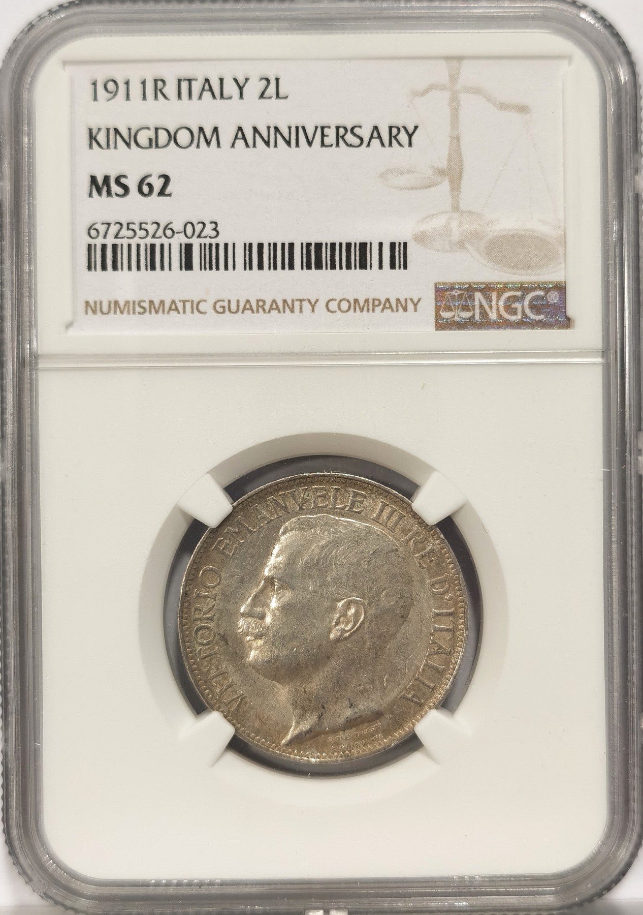 博洋堂世界钱币拍卖第034期（全场包邮） NGC MS62 1911年意大利建国50周年托奶2里拉银币，最美的意大利银币，耐看宜藏品种