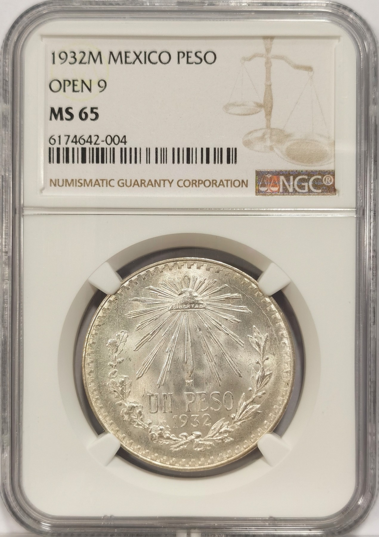 博洋堂世界钱币拍卖第034期（全场包邮） NGC MS65 墨西哥1932年1比索鹰洋银币，“9”开口版，少见
