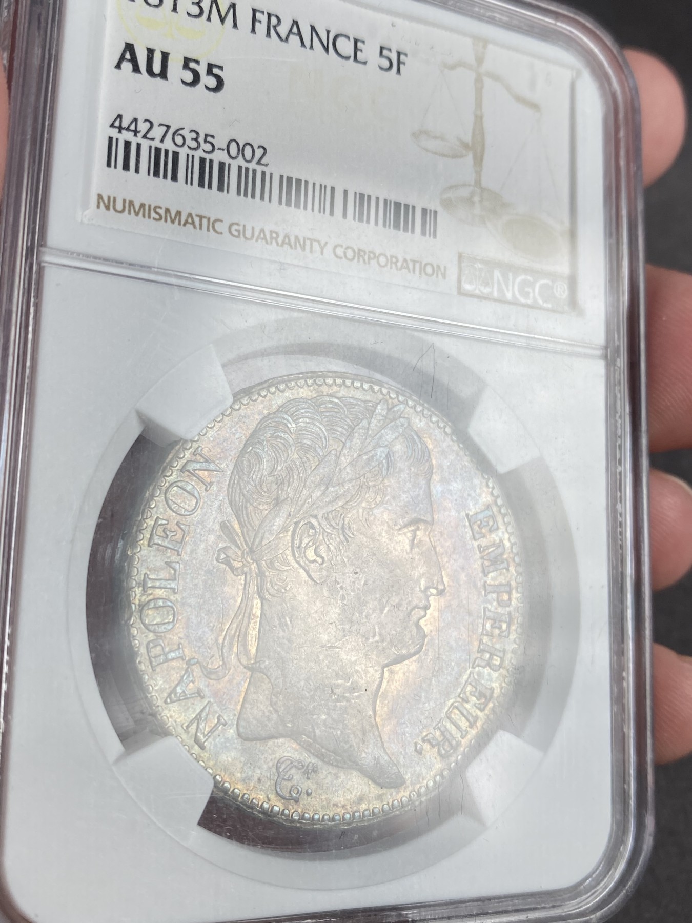 万国钱币拍卖第012期（视频直播专场） NGC AU55 法国1813M拿破仑一世5法郎银币，环彩原味。
