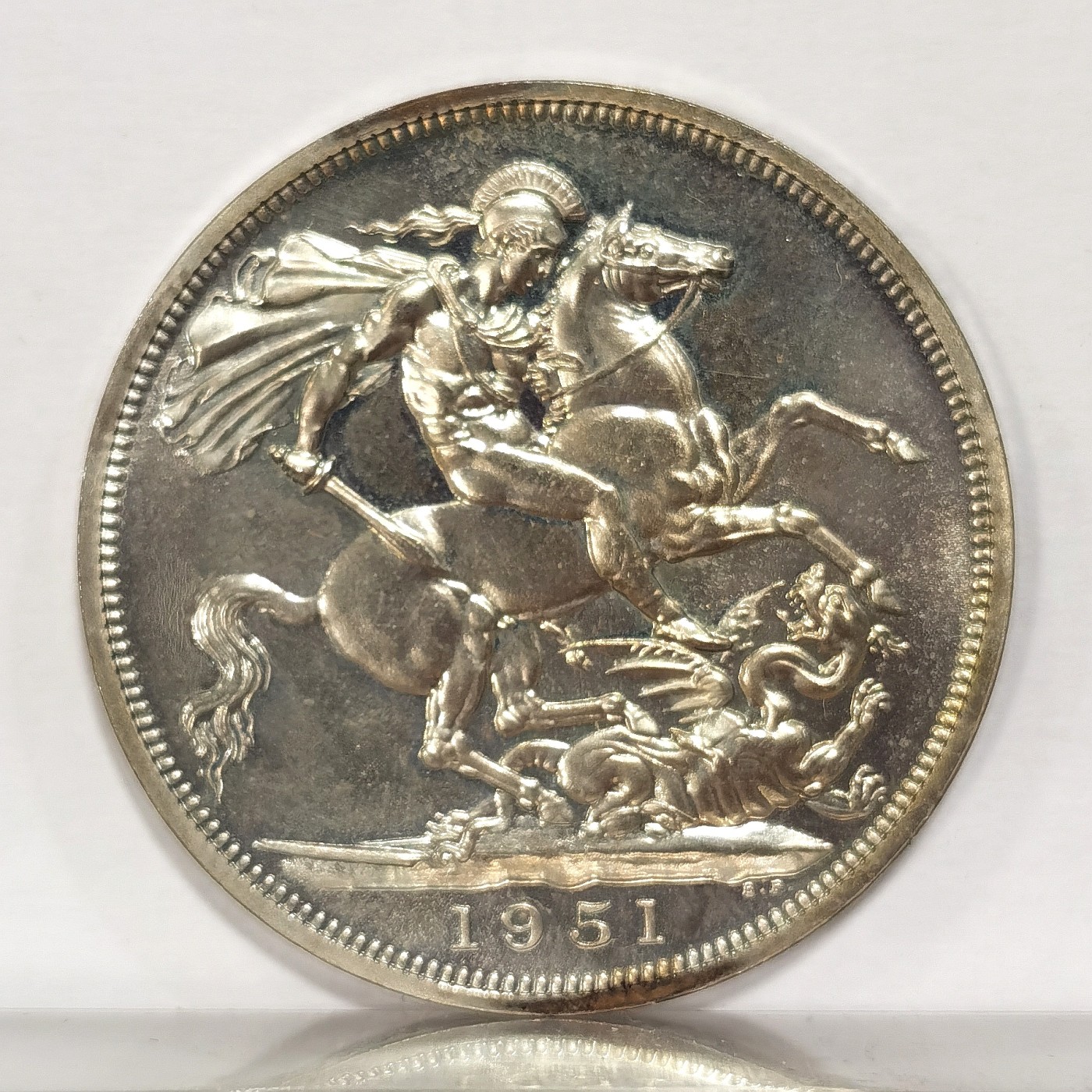 博洋堂世界钱币拍卖第034期（全场包邮） 英国1951年乔治六世最后的马剑克朗镍马剑 带红盒原盒及证书