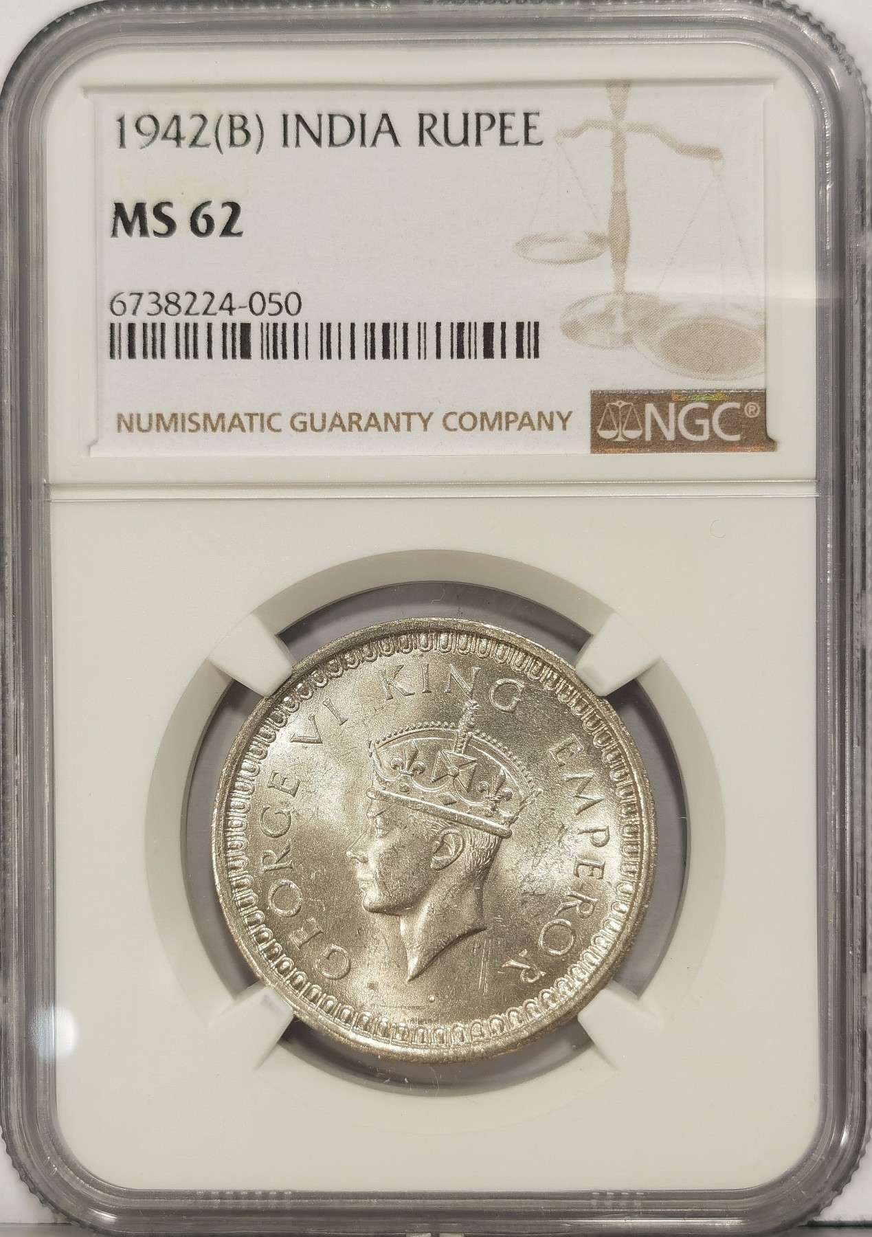 博洋堂世界钱币拍卖第034期（全场包邮） NGC MS62 英属印度1942年B版乔治六世1卢比银币 原光UNC好品