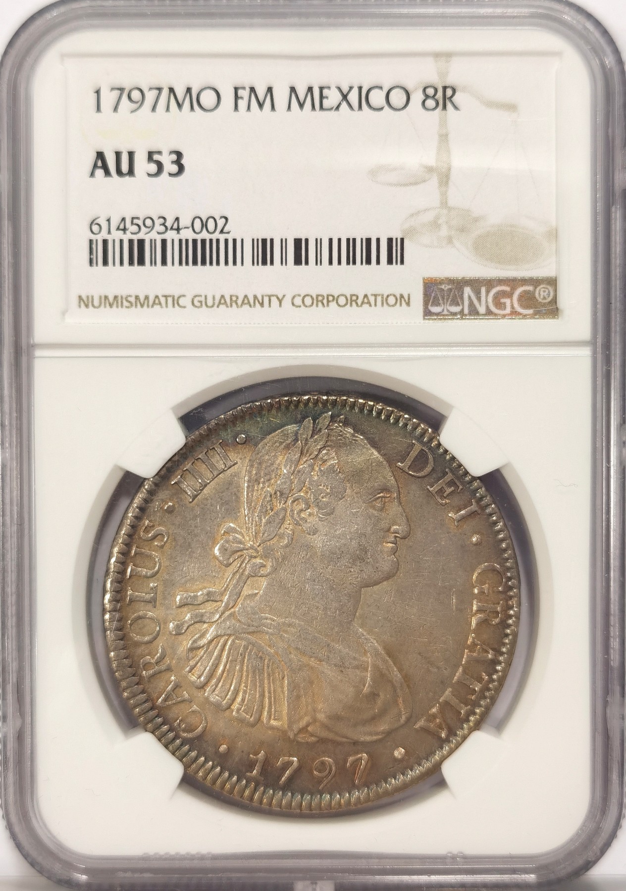 博洋堂世界钱币拍卖第034期（全场包邮） NGC AU53 西属墨西哥1797年卡洛斯四世双柱 8里亚尔 原味深打 感觉低评