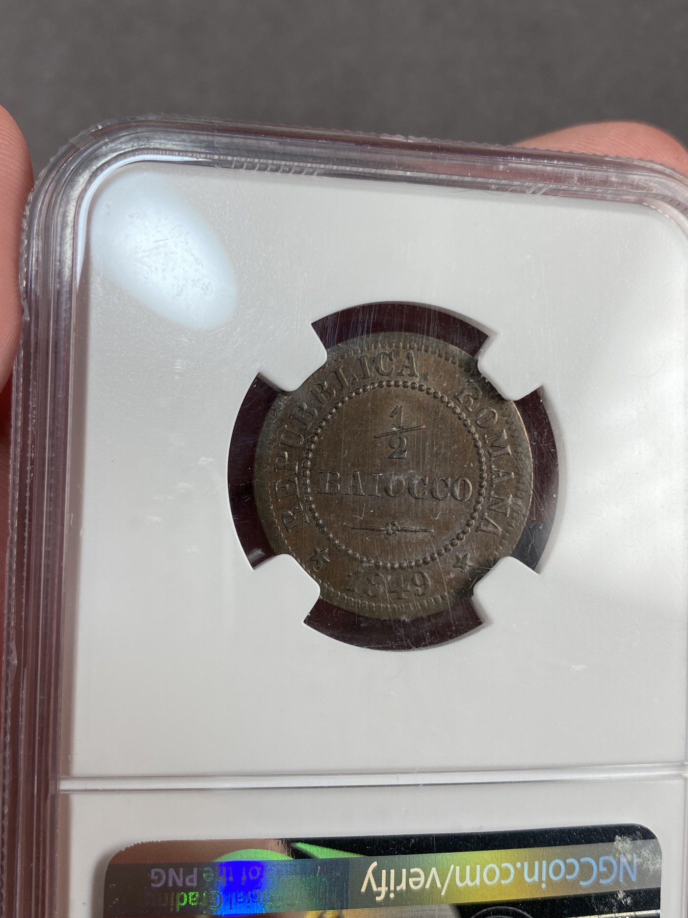 万国钱币拍卖第012期（视频直播专场） NGC MS64 意大利罗马共和国1849年1/2贝阿科铜币，单年版，只存在一年的国家。