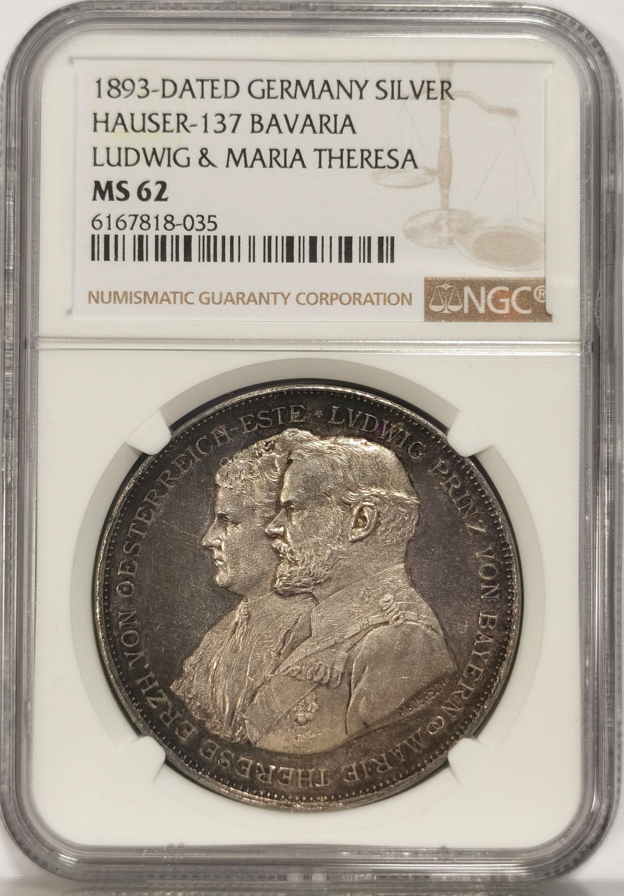 博洋堂世界钱币拍卖第034期（全场包邮） NGC MS62 德国巴伐利亚1893年利奥波德银婚子孙树2泰勒型大银章