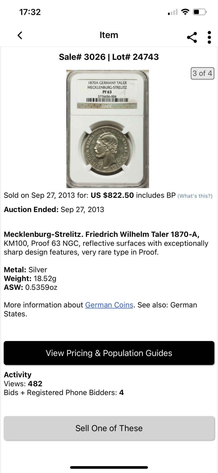 万国钱币拍卖第012期（视频直播专场） NGC PF63 1870年德国梅克伦堡精制1泰勒，加上普制的发行量只有5万枚，精制小邦难度可想而知，十年前ha拍卖原物，当年成交价就已经过800美金。