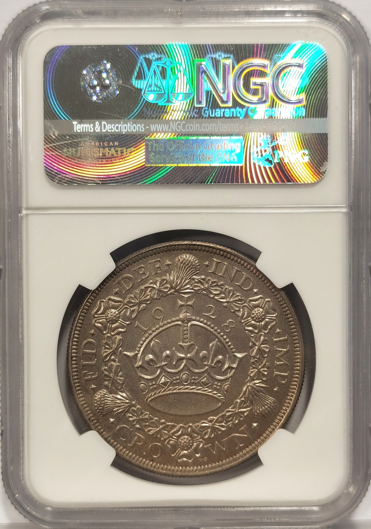 博洋堂世界钱币拍卖第034期（全场包邮） NGC MS63 1928英国乔治五世花冠1克朗大银币，发行9034枚，克书63分标价800美金