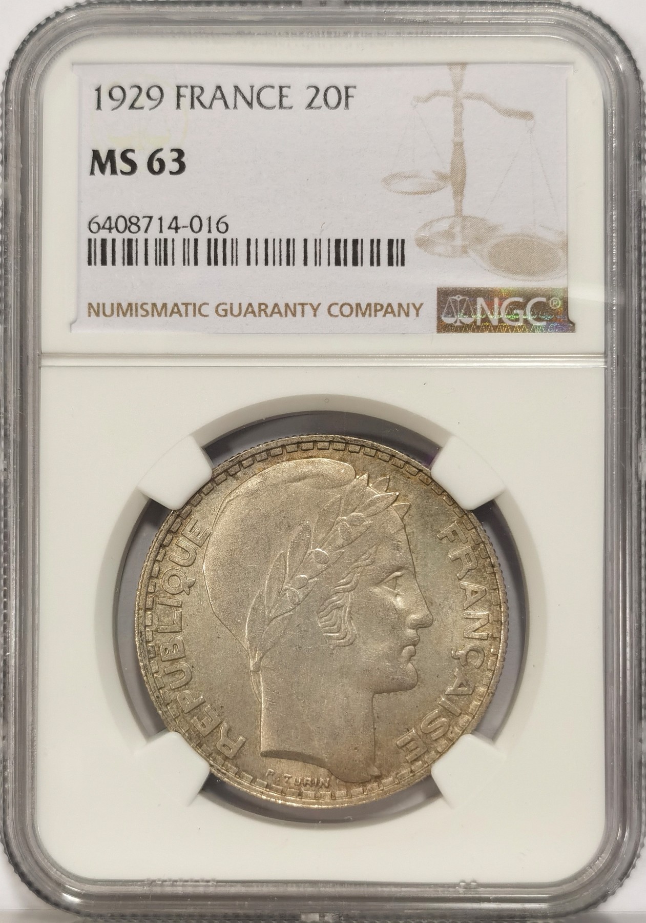 博洋堂世界钱币拍卖第034期（全场包邮） NGC MS63 法国1929年谷物女神头像20法郎银币，常见AU品相，这枚属于顶级好品