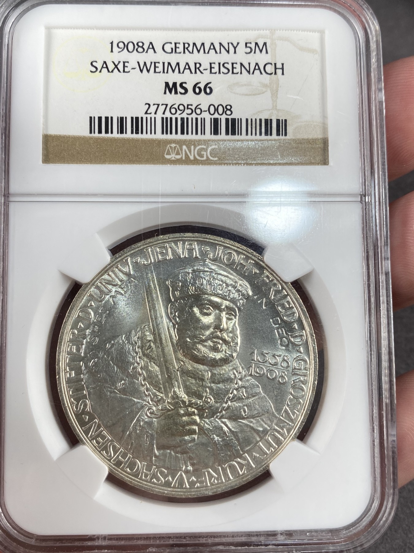 万国钱币拍卖第012期（视频直播专场） NGC MS66 德国1908年萨克森-魏玛耶拿大学纪念5马克。顶级高分。