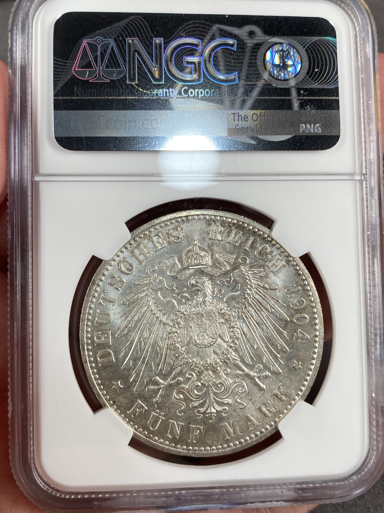 万国钱币拍卖第012期（视频直播专场） NGC MS64 1904年德国梅克伦堡什未林结婚纪念5马克，车轮暴光。