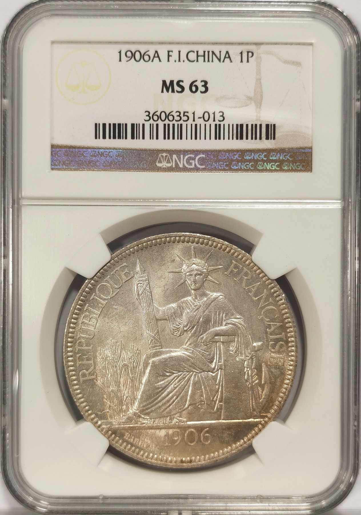 博洋堂世界钱币拍卖第034期（全场包邮） NGC MS63 法属印支1906年A版坐洋1皮阿斯特银币