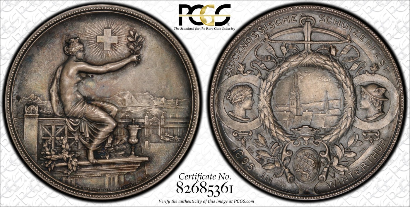 万国钱币拍卖第012期（视频直播专场） PCGS SP64 1887年瑞士苏黎世射击节女神景观大银章，磨砂精制，顶级品相，pc冠军分。