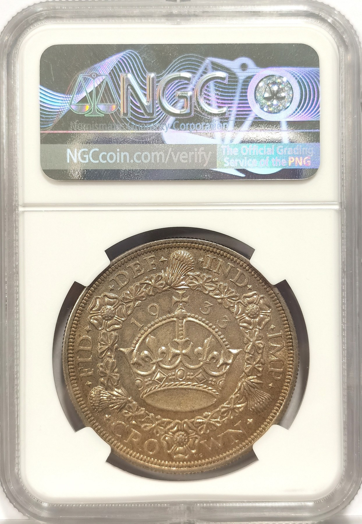 博洋堂世界钱币拍卖第034期（全场包邮） NGC MS63 1933英国乔治五世花冠1克朗大银币，发行7132枚，克书63分标价800美金