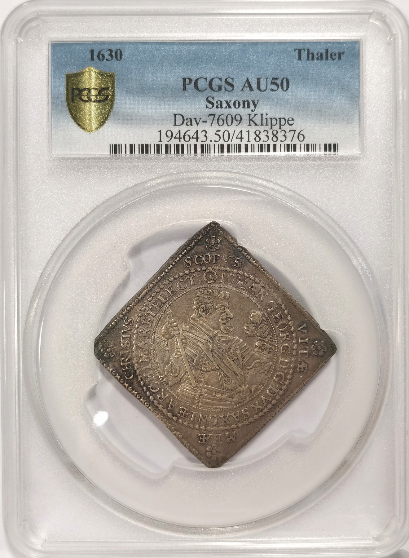 博洋堂世界钱币拍卖第034期（全场包邮） NGC AU50 萨克森1630年方型泰勒 为纪念约翰·乔治的女儿玛丽亚·伊丽莎白与弗里德里希三世的婚姻而铸