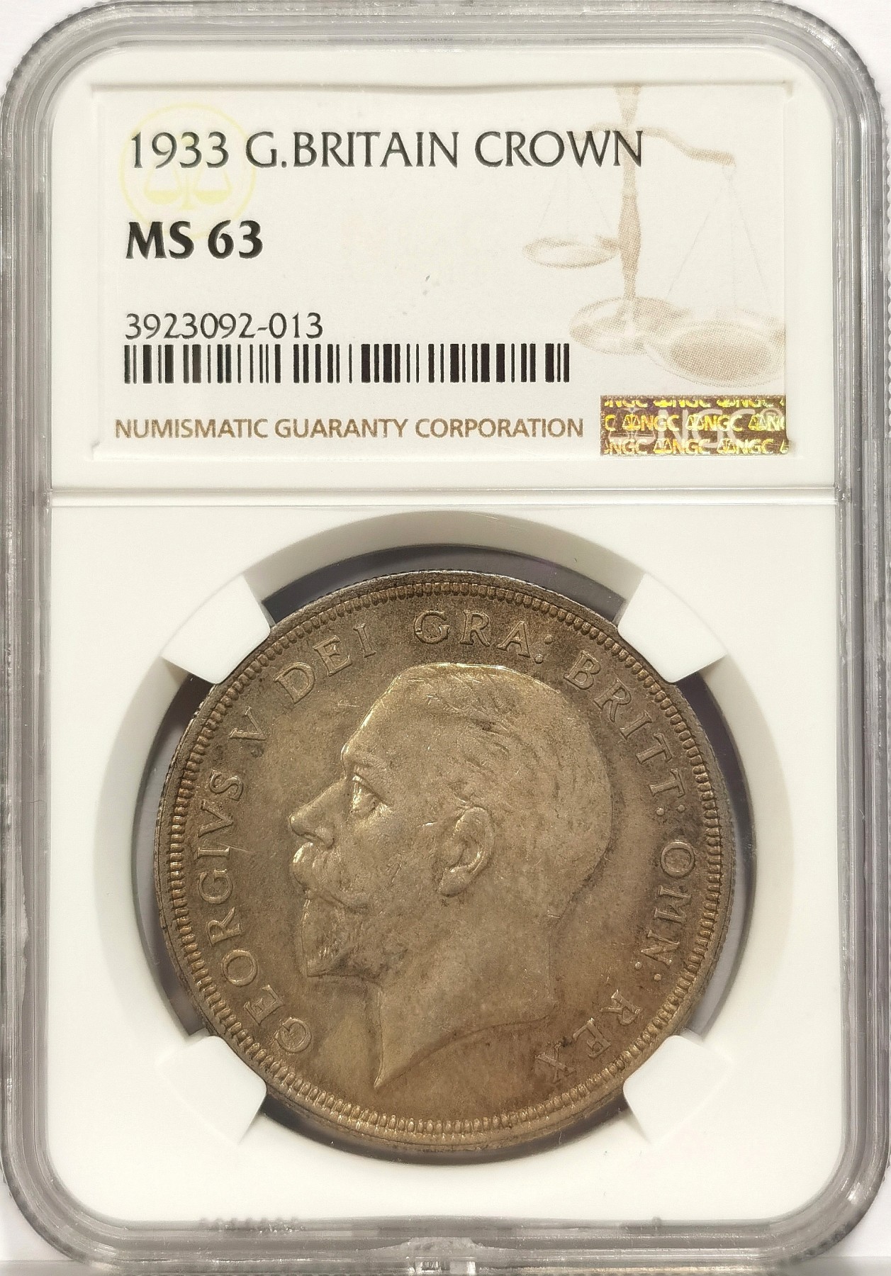 博洋堂世界钱币拍卖第034期（全场包邮） NGC MS63 1933英国乔治五世花冠1克朗大银币，发行7132枚，克书63分标价800美金