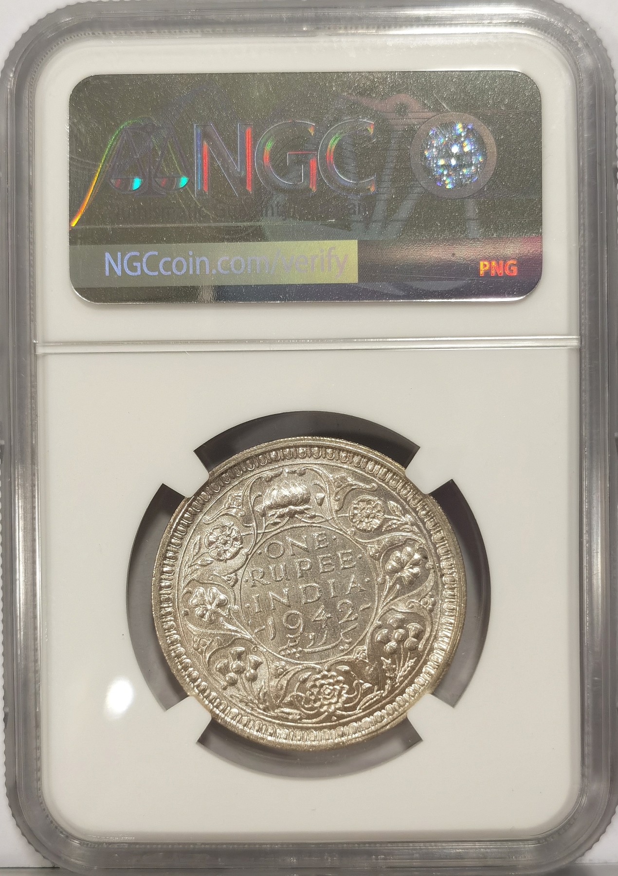 博洋堂世界钱币拍卖第034期（全场包邮） NGC MS62 英属印度1942年B版乔治六世1卢比银币 原光UNC好品