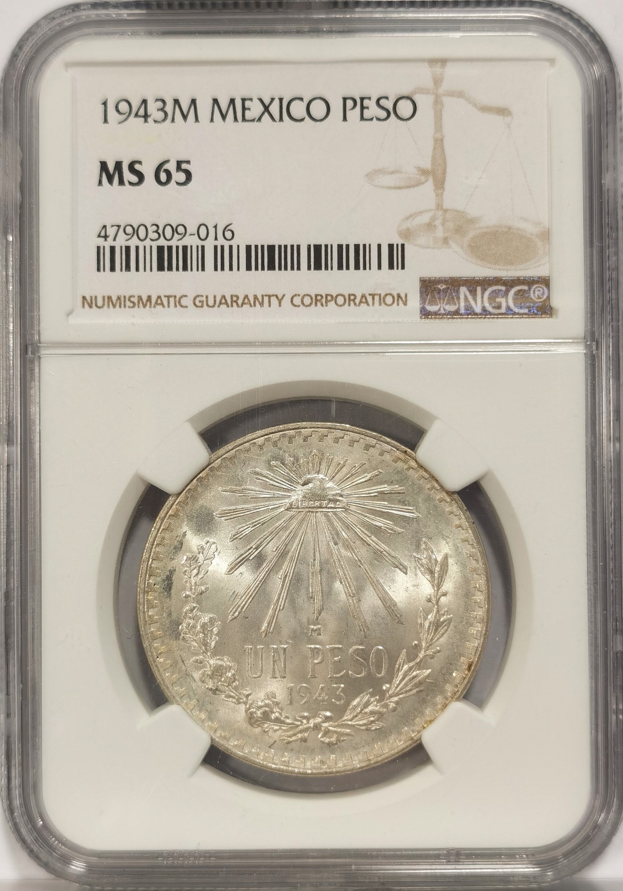 博洋堂世界钱币拍卖第034期（全场包邮） NGC MS65 墨西哥1943年1比索鹰洋银币，KM#455