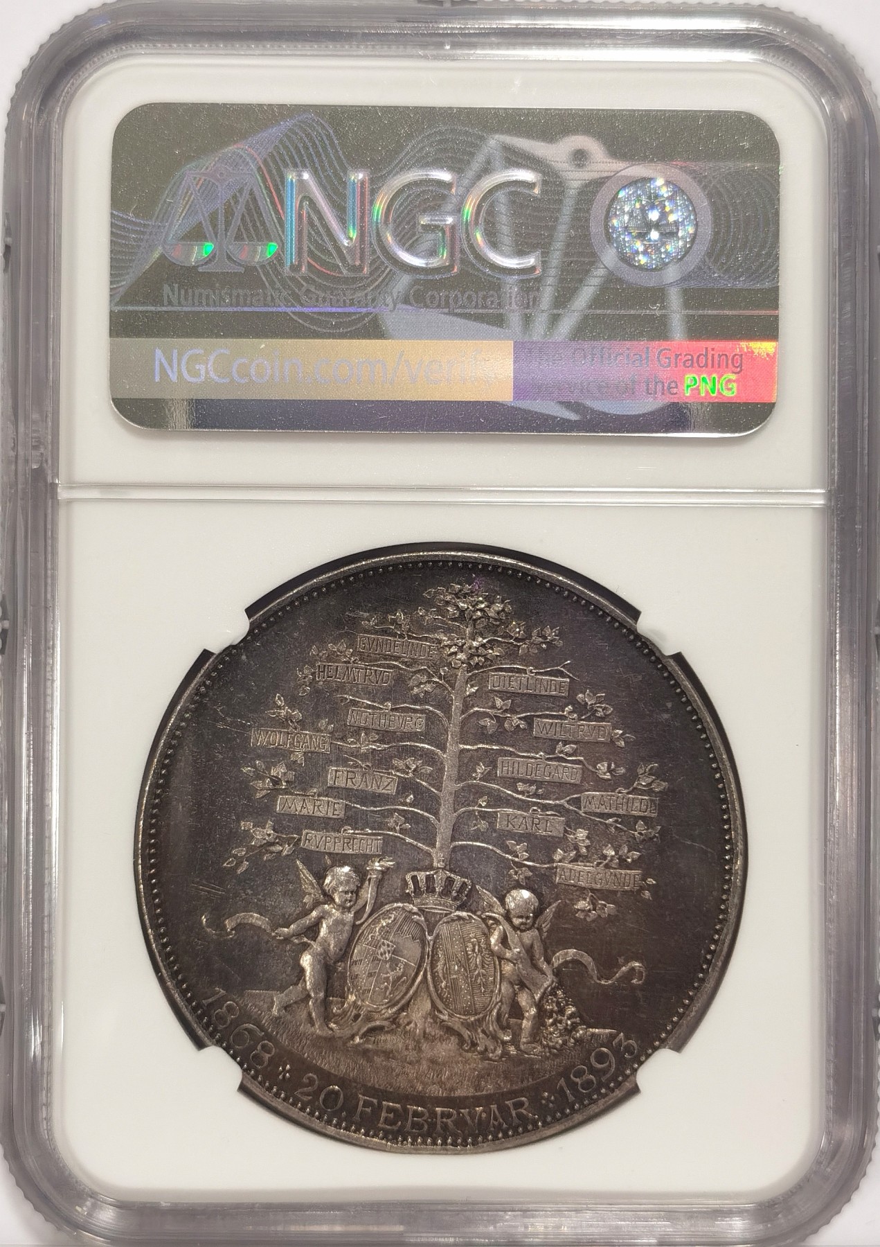 博洋堂世界钱币拍卖第034期（全场包邮） NGC MS62 德国巴伐利亚1893年利奥波德银婚子孙树2泰勒型大银章