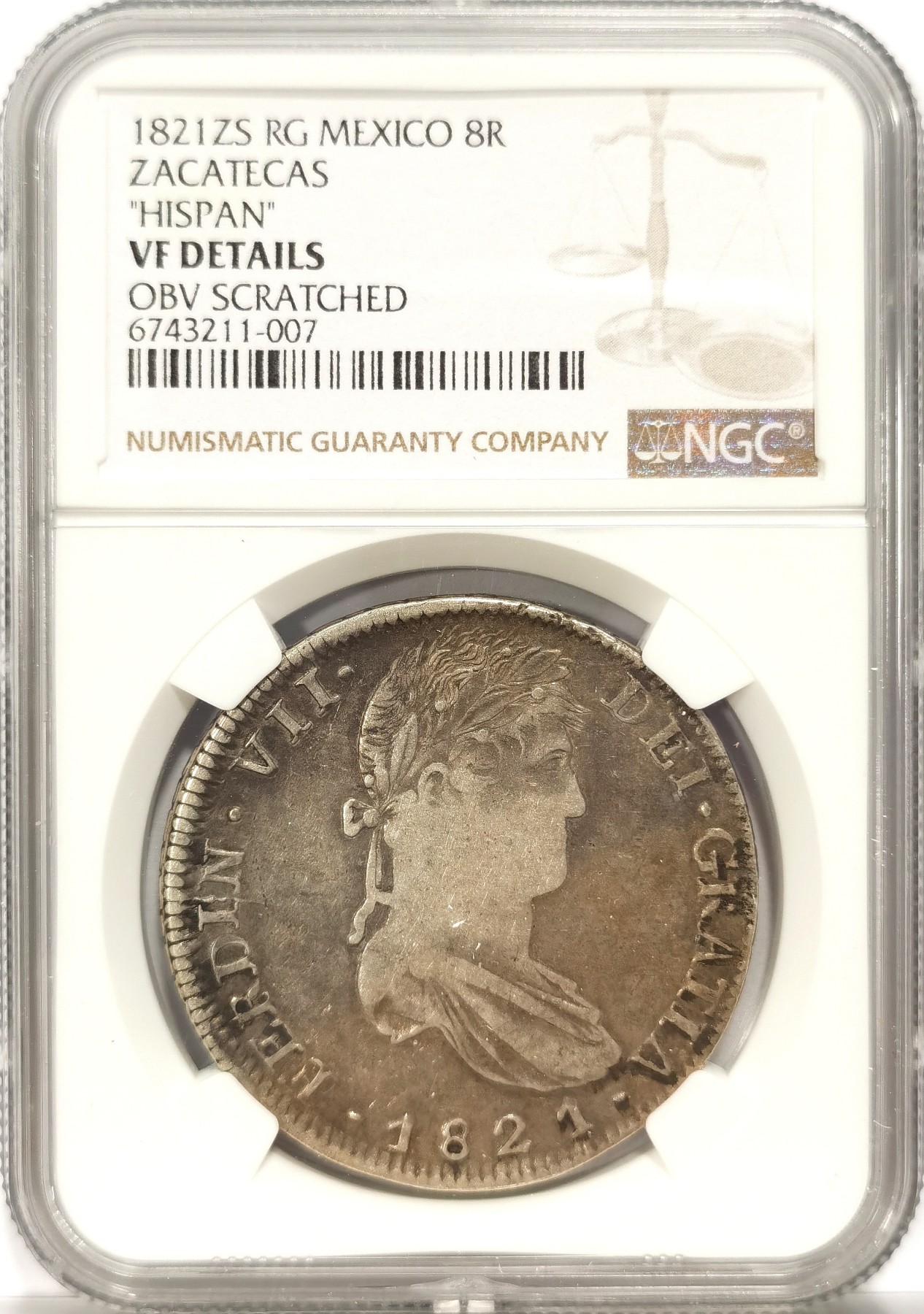 博洋堂世界钱币拍卖第034期（全场包邮） NGC VFD 西属墨西哥1821年费七内战版双柱银币