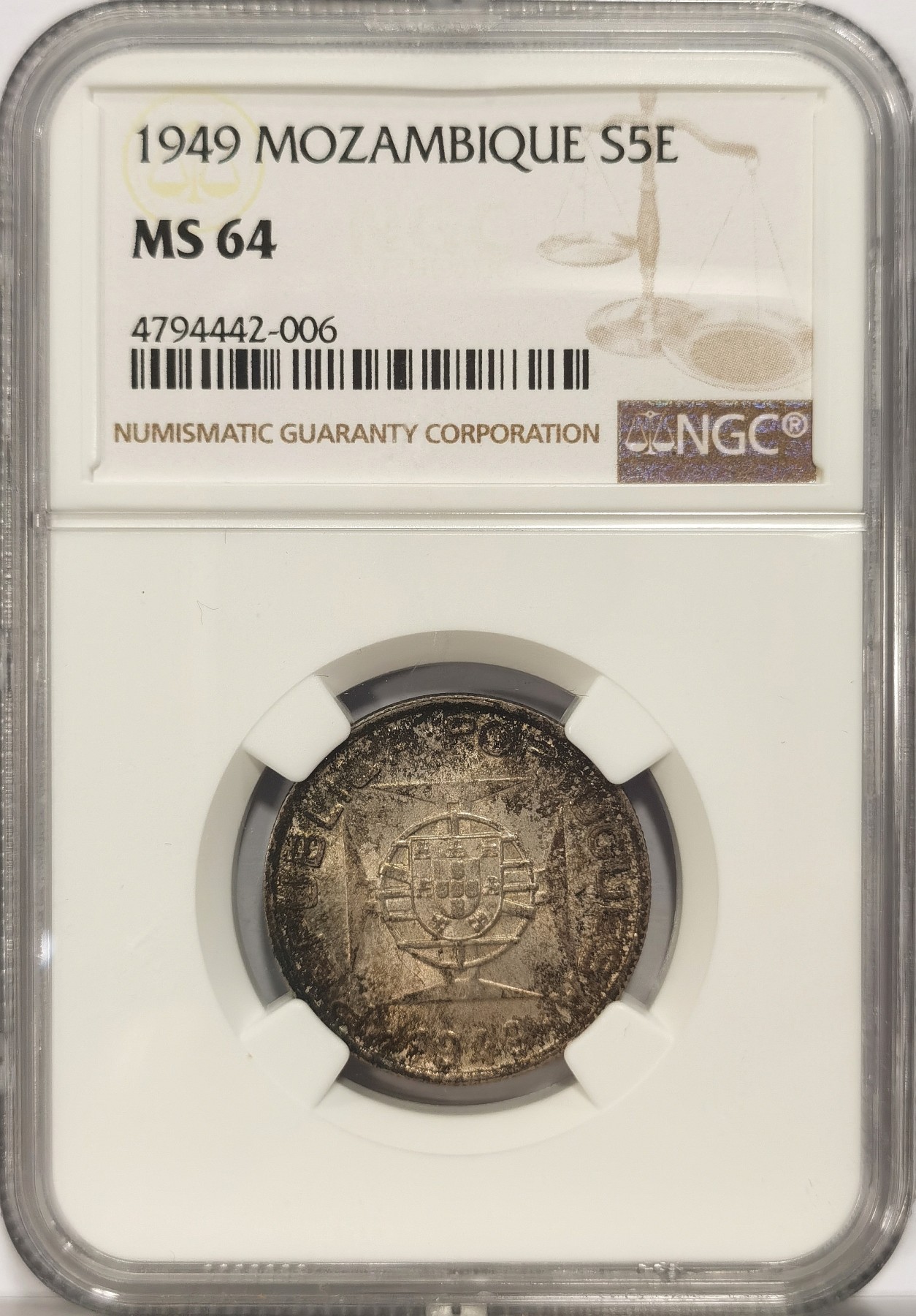 博洋堂世界钱币拍卖第034期（全场包邮） NGC MS64 葡属莫桑比克1949年5埃斯库多银币