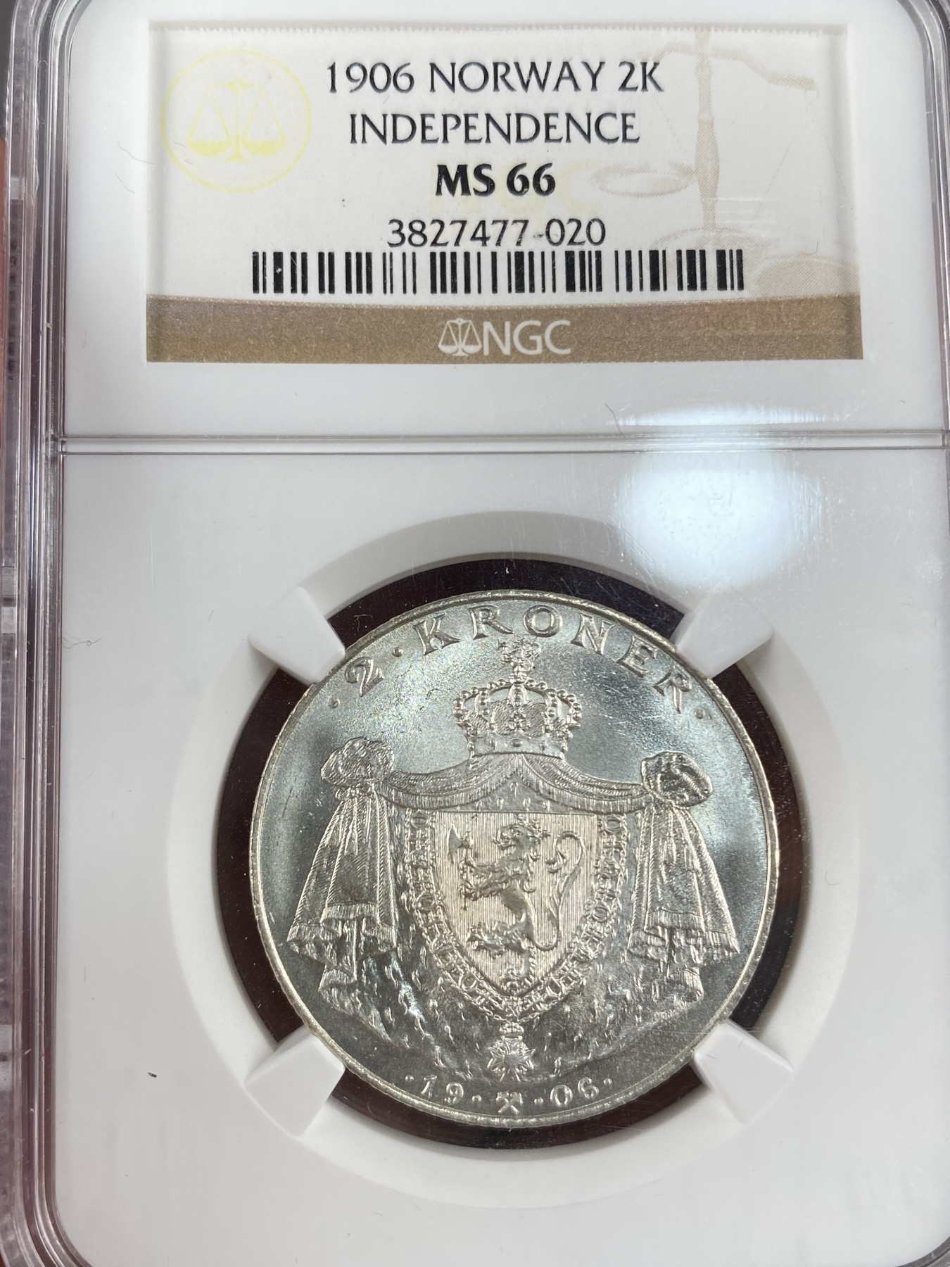 万国钱币拍卖第012期（视频直播专场） NGC MS66 挪威1906年独立纪念2克朗银币，银光闪耀暴光好品。