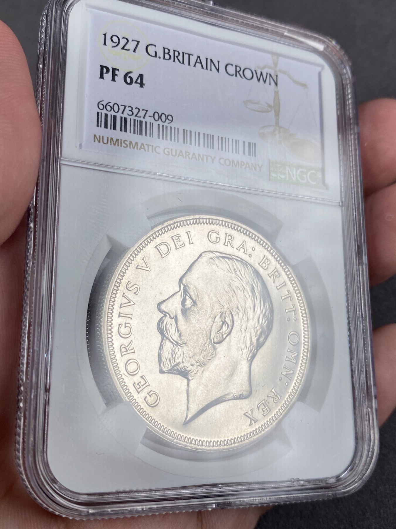 万国钱币拍卖第012期（视频直播专场） NGC PF64 英国1927年乔治五世精制花冠克朗，完美镜面品。