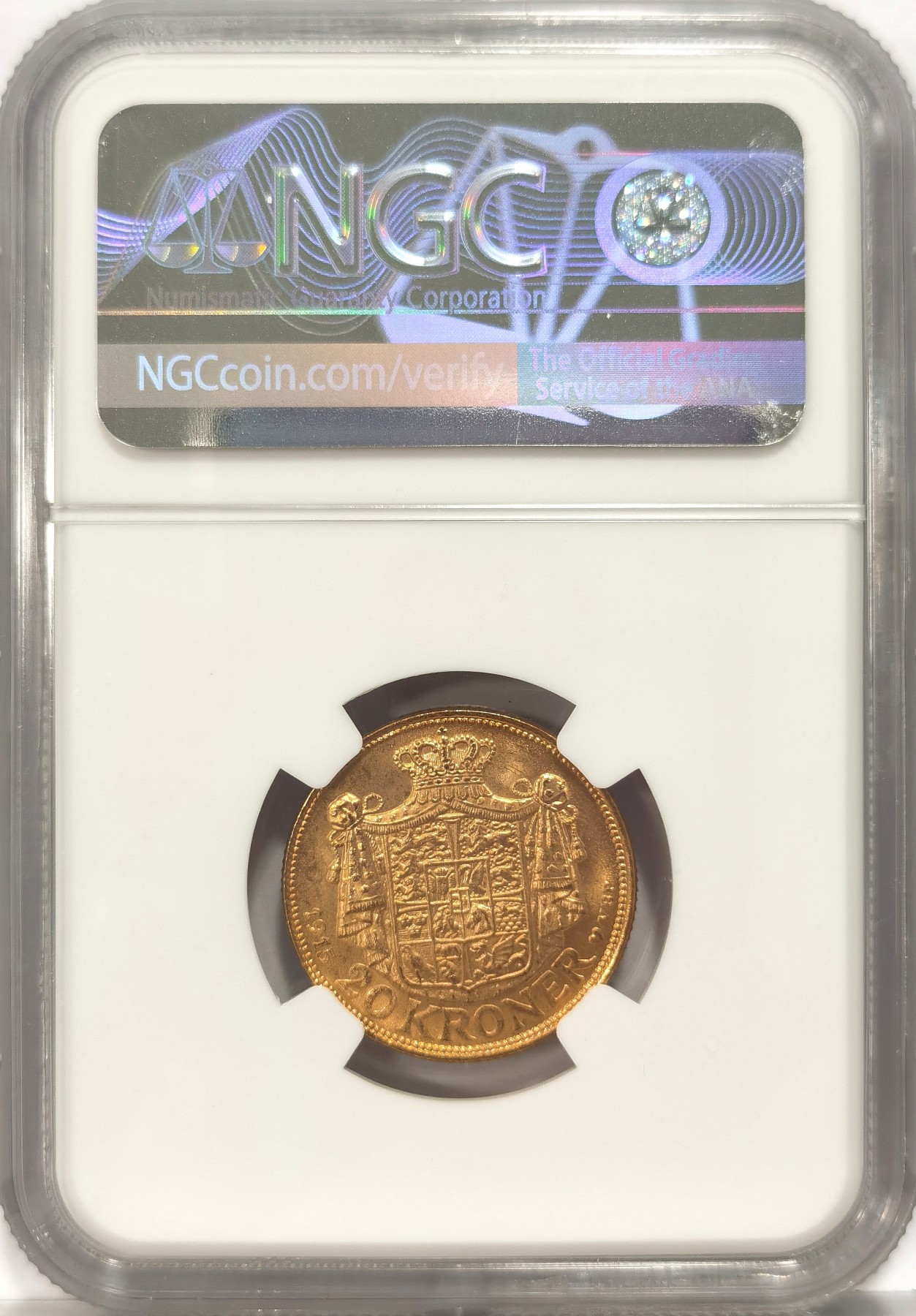 博洋堂世界钱币拍卖第034期（全场包邮） NGC MS63 丹麦1915年克里斯蒂安十世20克朗金币，少见品种，8.96g金