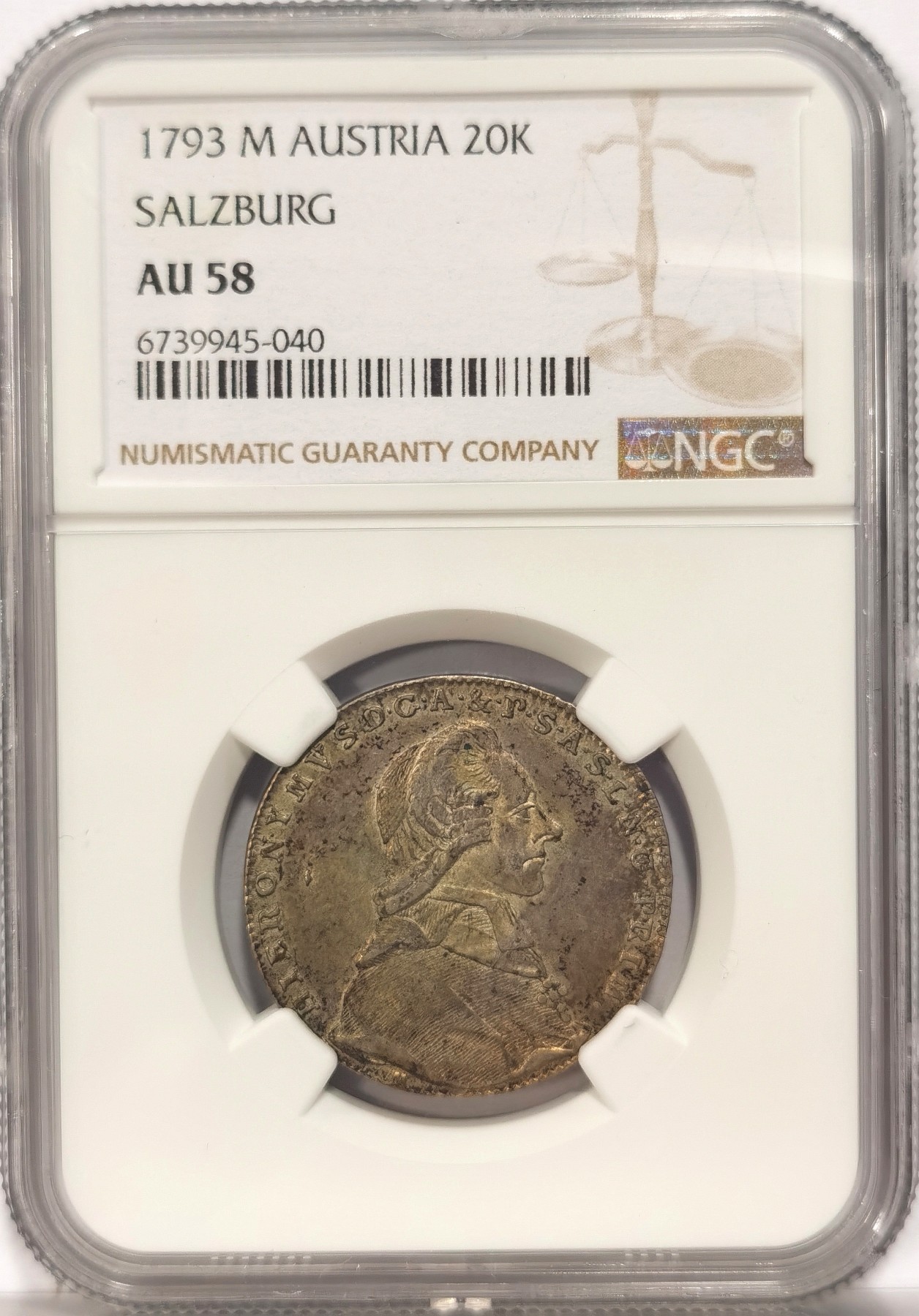 博洋堂世界钱币拍卖第034期（全场包邮） NGC AU58 奥地利萨尔茨堡主教区1793年20K银币