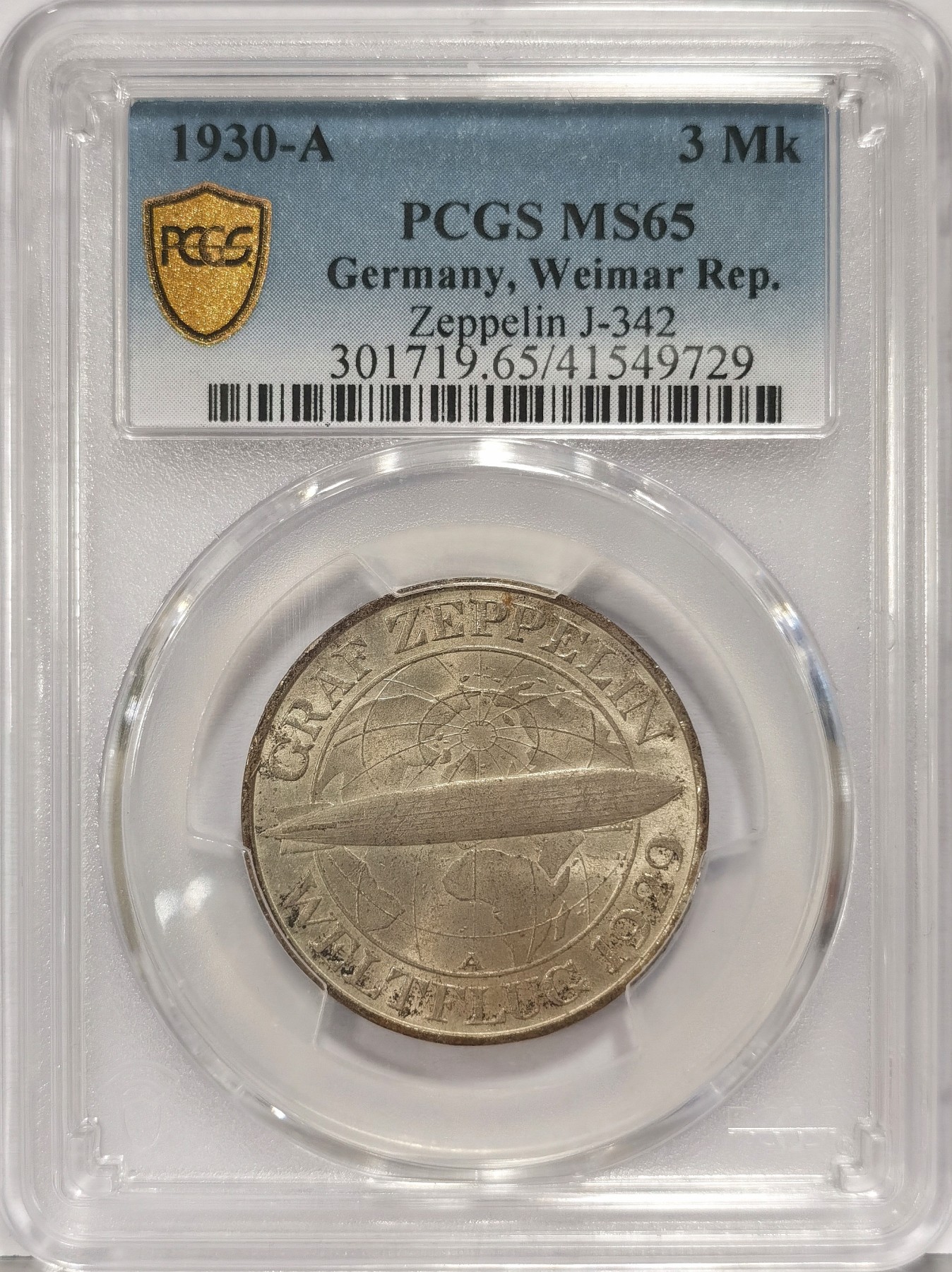 博洋堂世界钱币拍卖第034期（全场包邮） PCGS MS65 德国魏玛1930年齐柏林飞艇环游世界纪念3马克银币，高分好味道