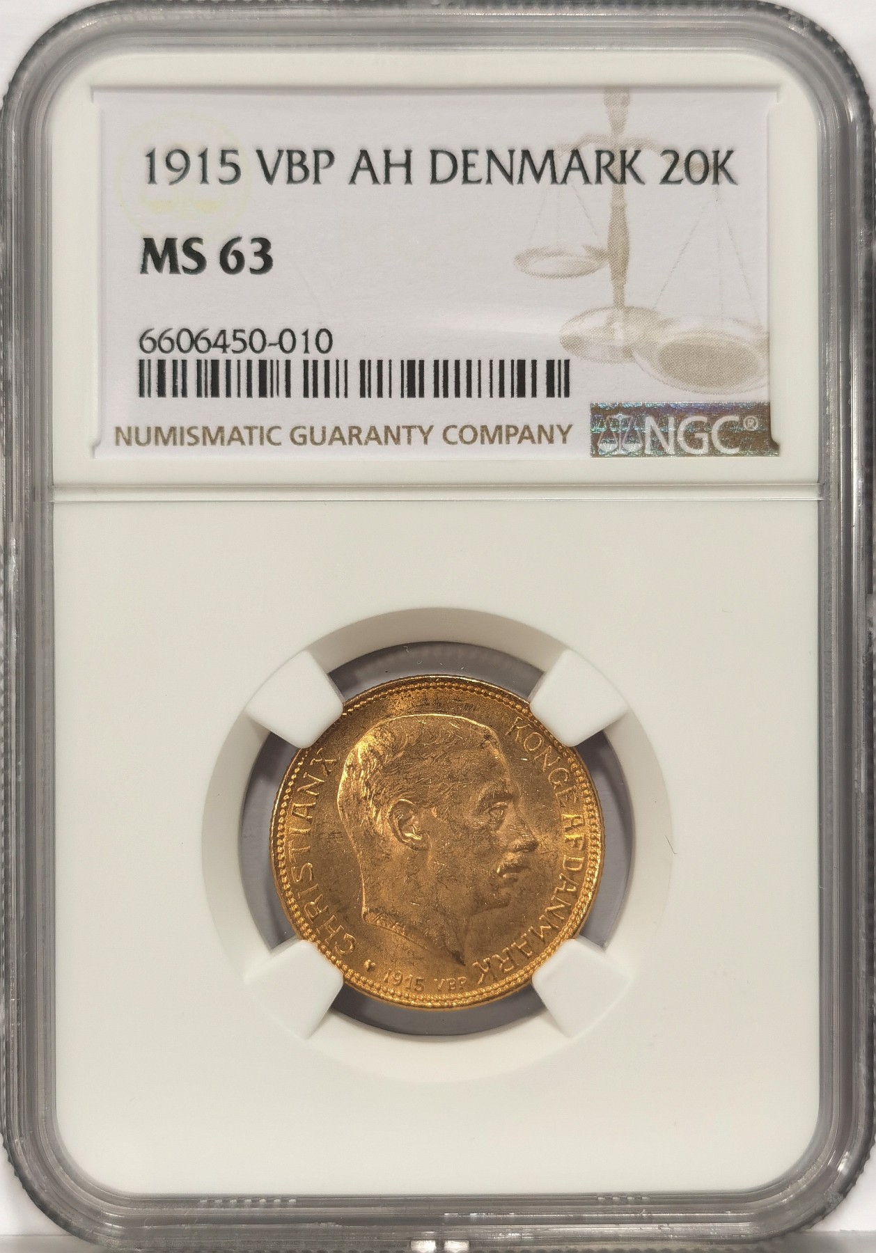 博洋堂世界钱币拍卖第034期（全场包邮） NGC MS63 丹麦1915年克里斯蒂安十世20克朗金币，少见品种，8.96g金