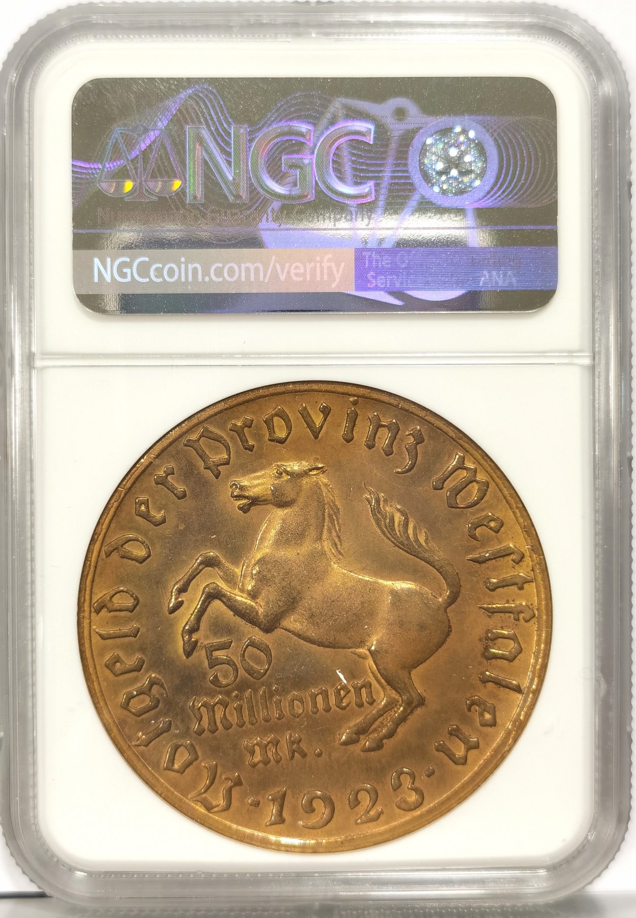 博洋堂世界钱币拍卖第034期（全场包邮） NGC MS63 1923年德国德紧威斯特法伦5000万马克大马币